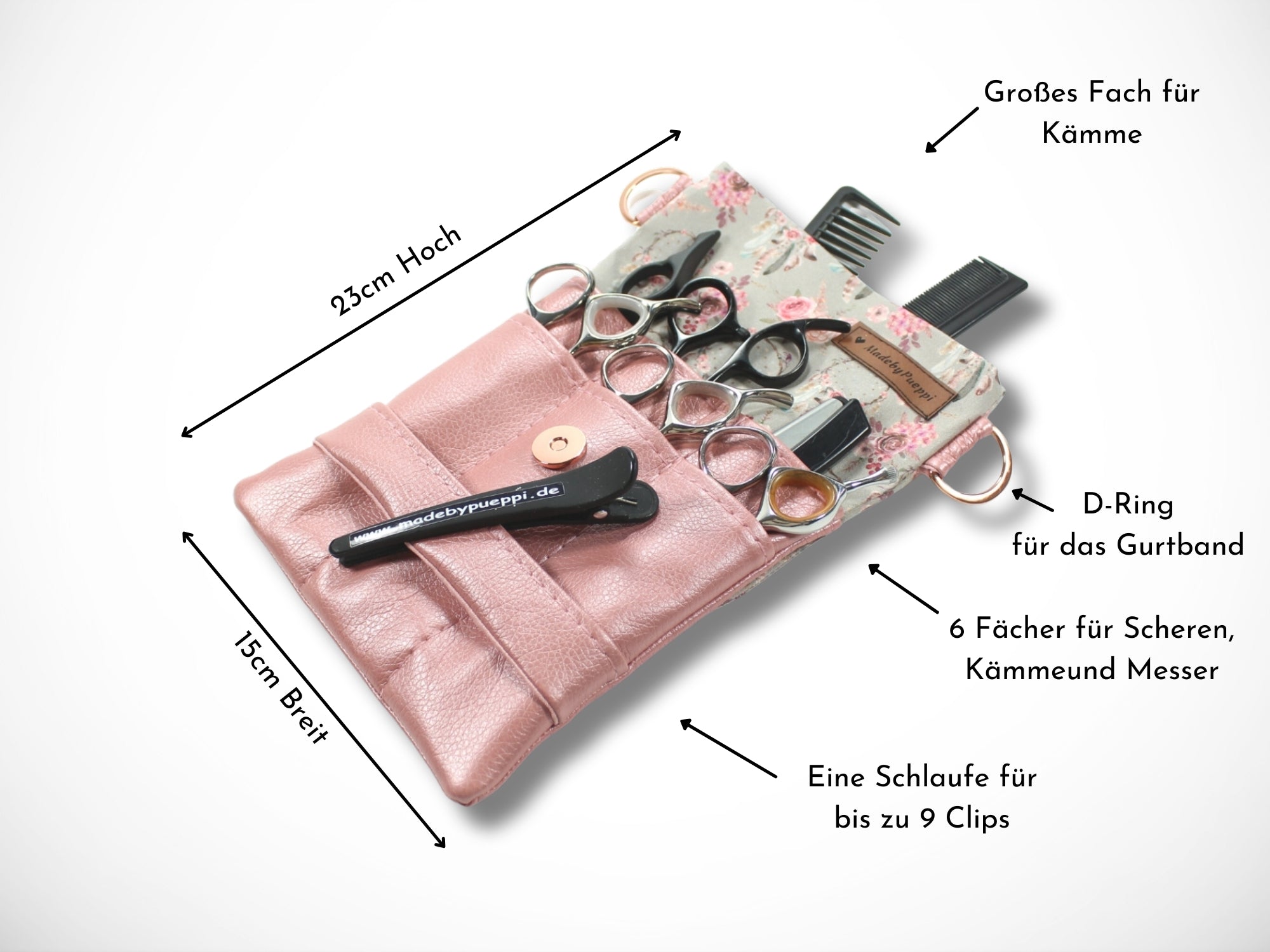 Elegante Friseur Scherentasche mit Blumen aus Baumwolle und Kunstleder in rosa zum umhängen oder als Gürteltasche 