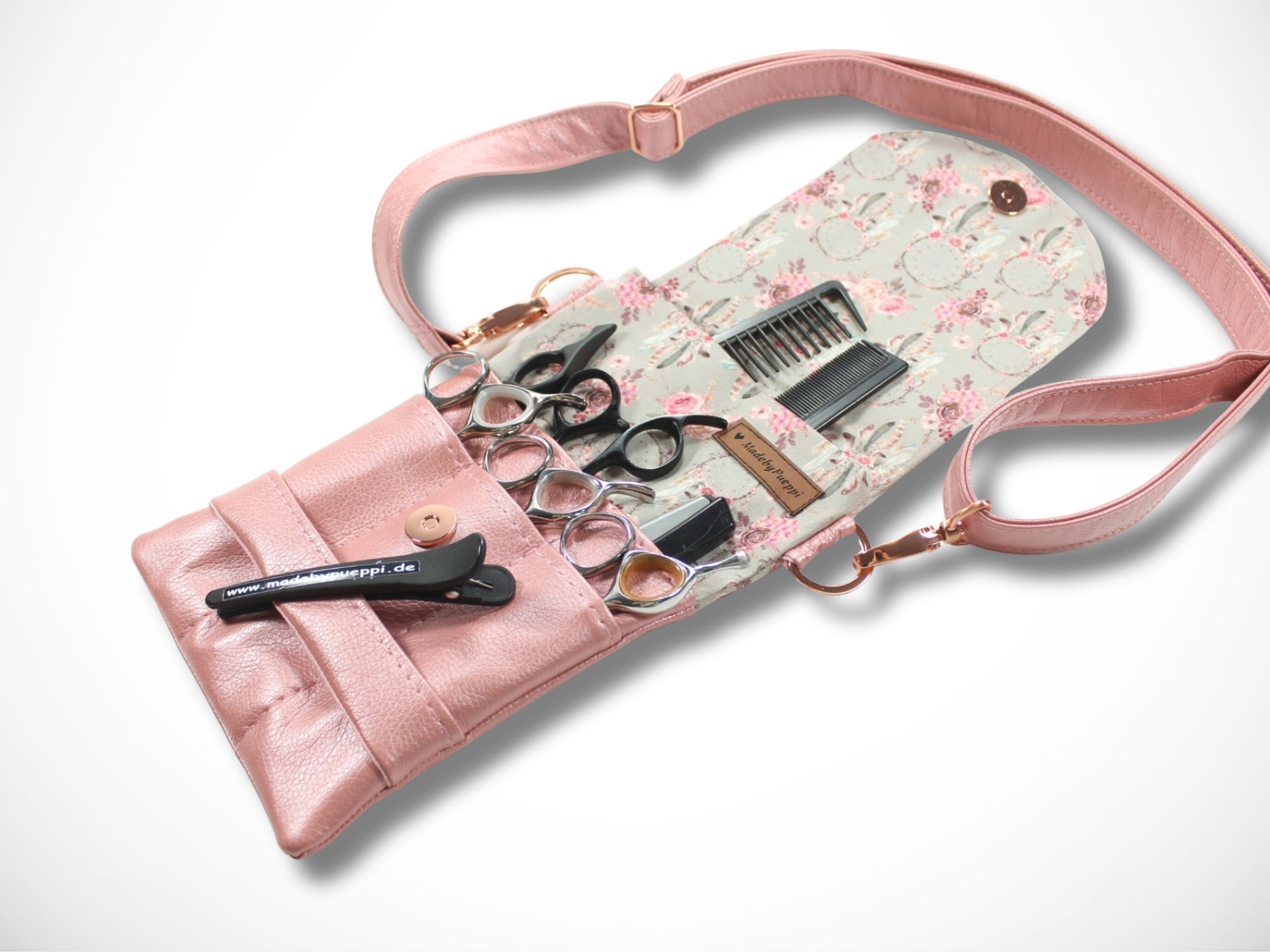 Elegante Friseur Scherentasche mit Blumen aus Baumwolle und Kunstleder in rosa zum umhängen oder als Gürteltasche 