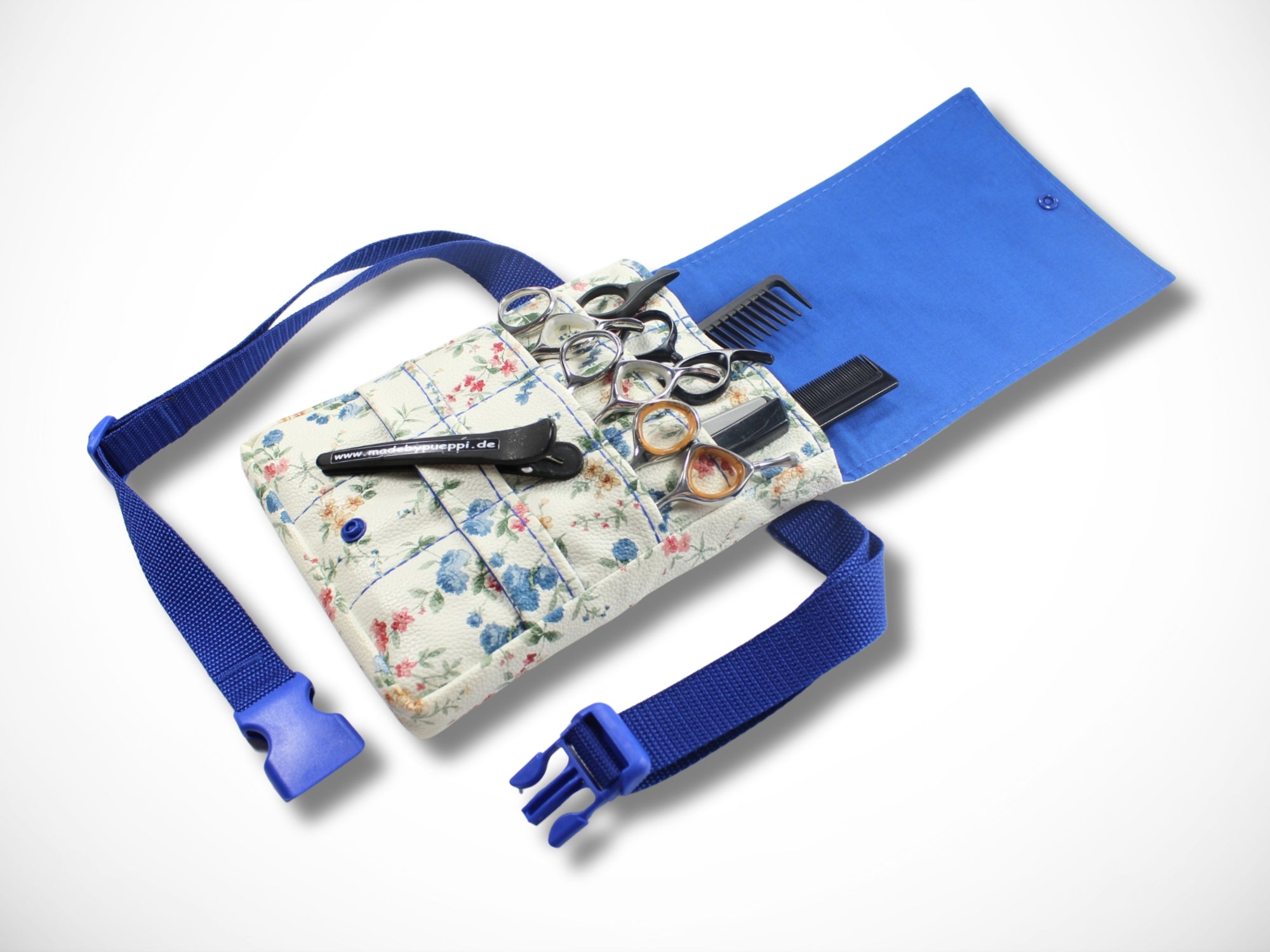 Friseur Scherentasche aus Kunstleder mit Blumen in blau Gürteltasche für Friseurwerkzeug für Friseurin
