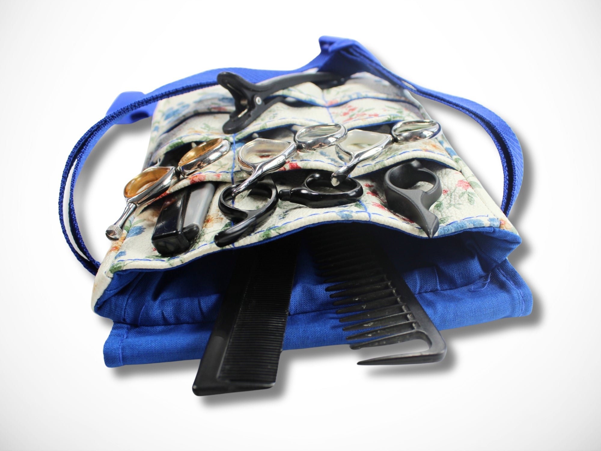 Friseur Scherentasche aus Kunstleder mit Blumen in blau Gürteltasche für Friseurwerkzeug für Friseurin