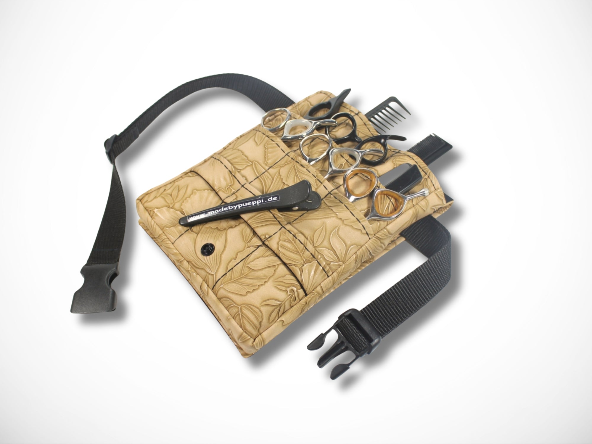 Friseur Scherentasche Blumen Kunstleder hellbraun Gürteltasche für Friseurin und Friseurwerkzeug im Friseursalon