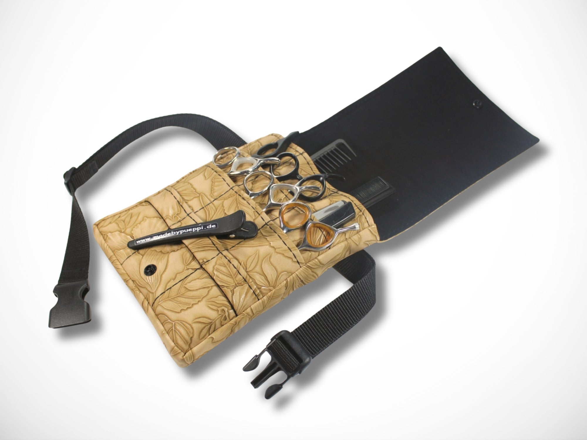 Friseur Scherentasche Blumen Kunstleder hellbraun Gürteltasche für Friseurin und Friseurwerkzeug im Friseursalon