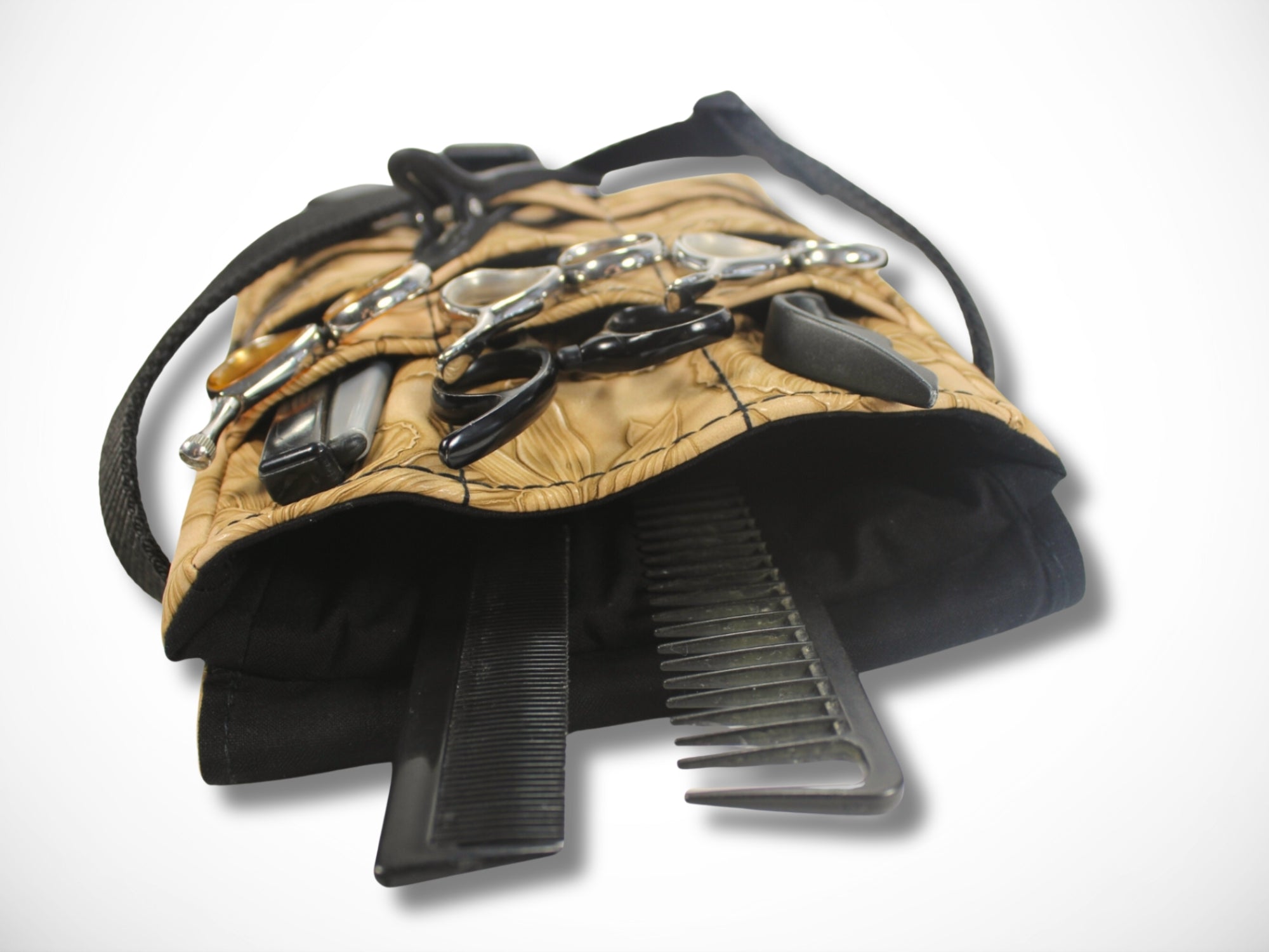 Friseur Scherentasche Blumen Kunstleder hellbraun Gürteltasche für Friseurin und Friseurwerkzeug im Friseursalon