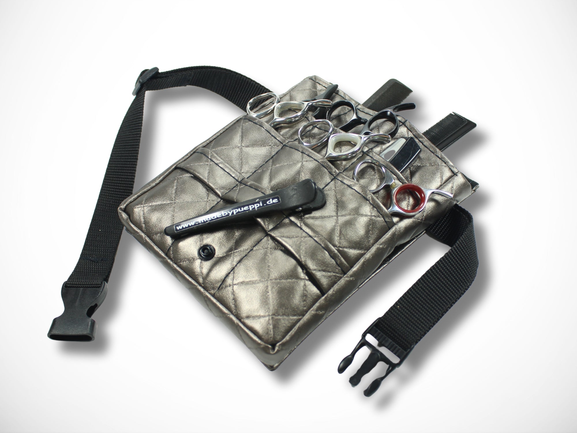 Friseur Werkzeugtasche für Friseurin im Friseursalon aus gestepptem Kunstleder in Platin