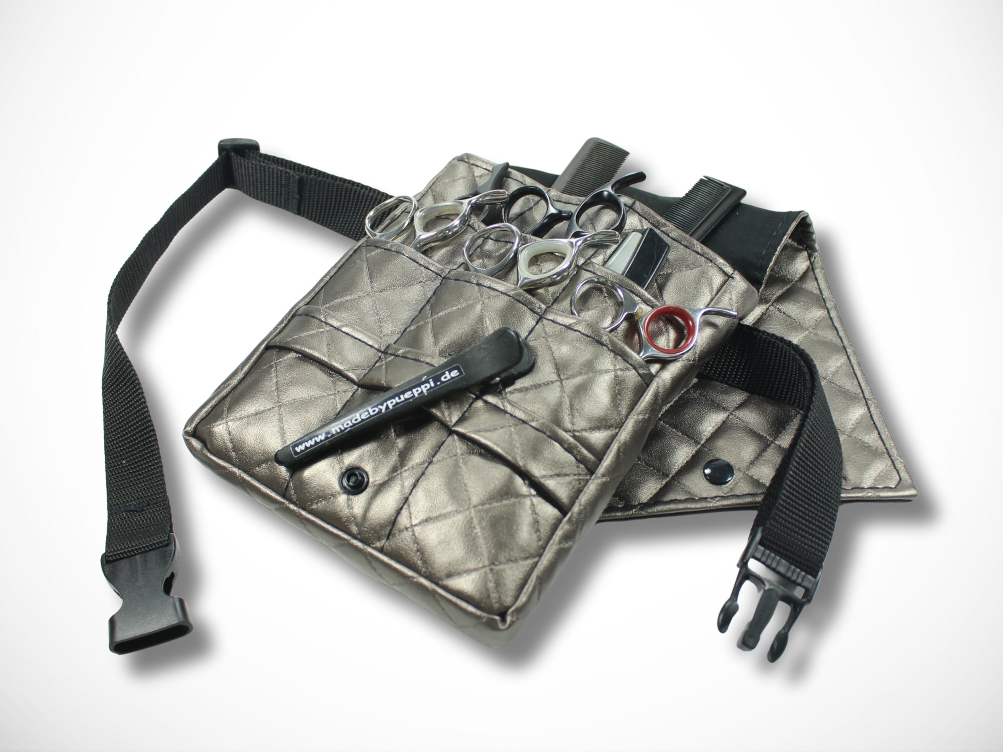 Friseur Werkzeugtasche für Friseurin im Friseursalon aus gestepptem Kunstleder in Platin