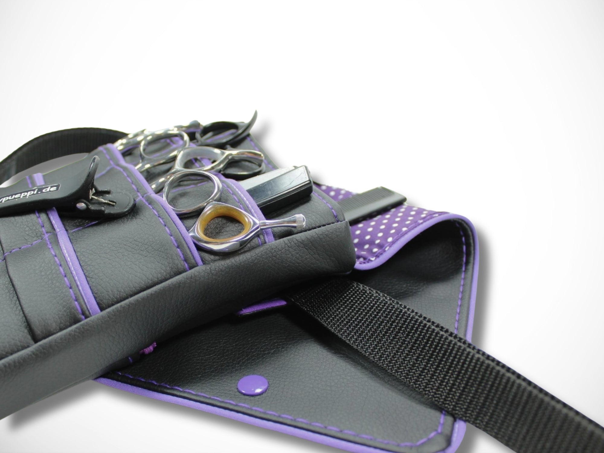 Friseur Scherentasche aus Kunstleder mit lila Highlight Punkte Werkzeugtasche für Friseurin Gürteltasche im Friseursalon