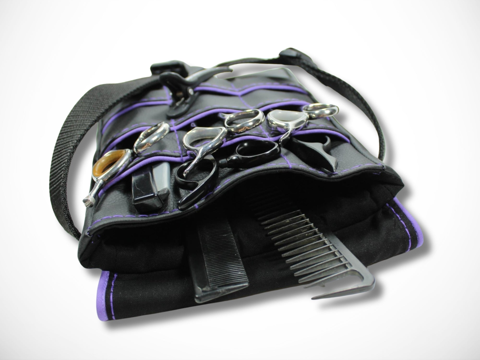 Friseur Scherentasche aus Kunstleder mit lila Highlight Werkzeugtasche für Friseurin Gürteltasche im Friseursalon