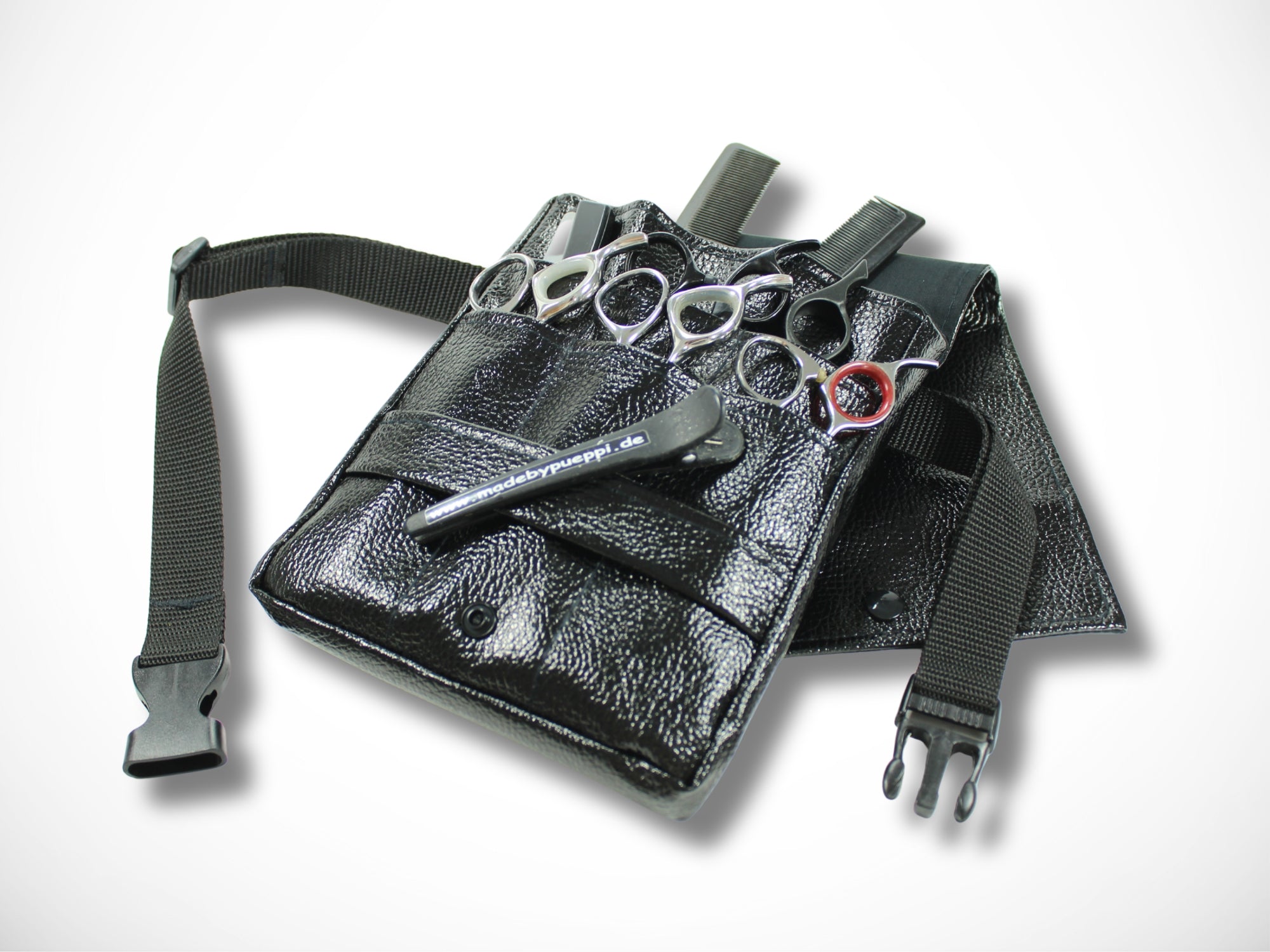 Kunstleder Friseur Werkzeugtasche Metallic Schwarz für Friseurscheren im Friseursalon
