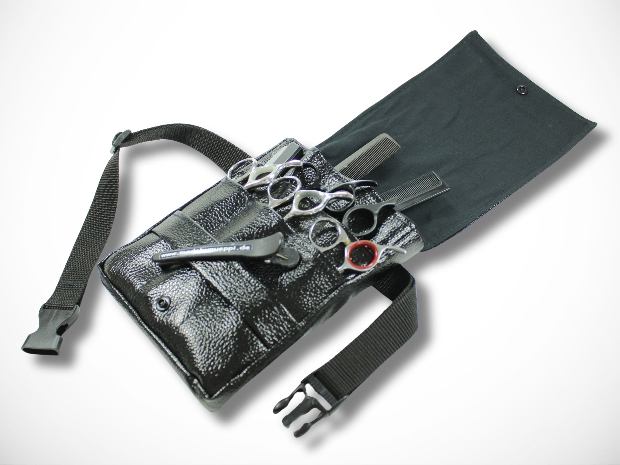 Kunstleder Friseur Werkzeugtasche Metallic Schwarz für Friseurscheren im Friseursalon