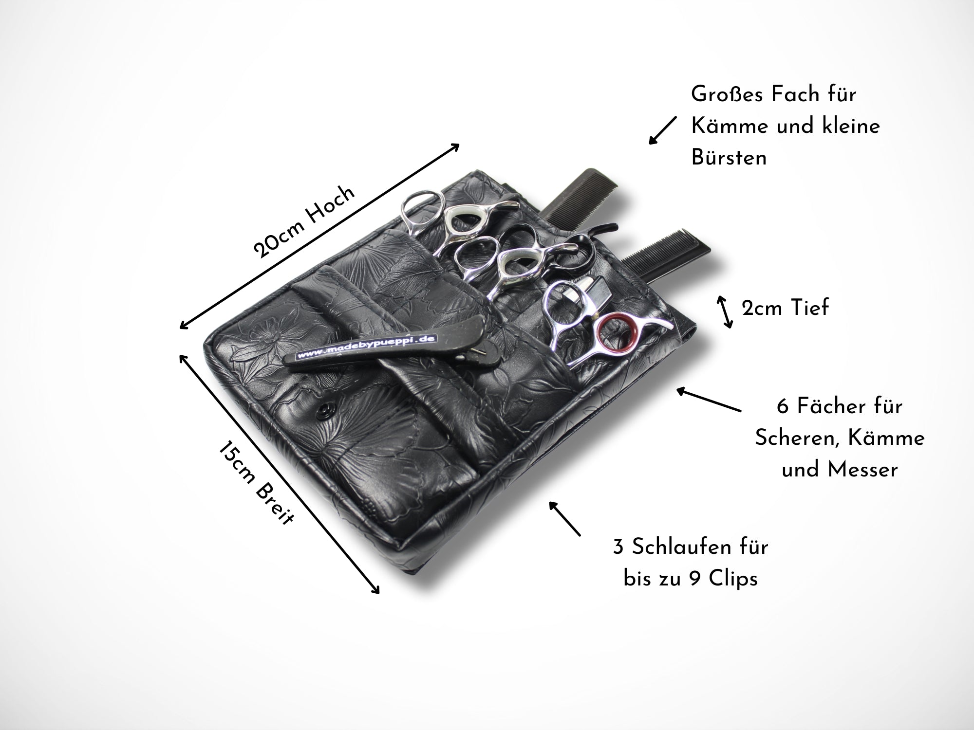 Friseur Werkzeugtasche Scherentasche für Friseurin im Friseursalon aus schwarzem Kunstleder mit geprägten Blumen