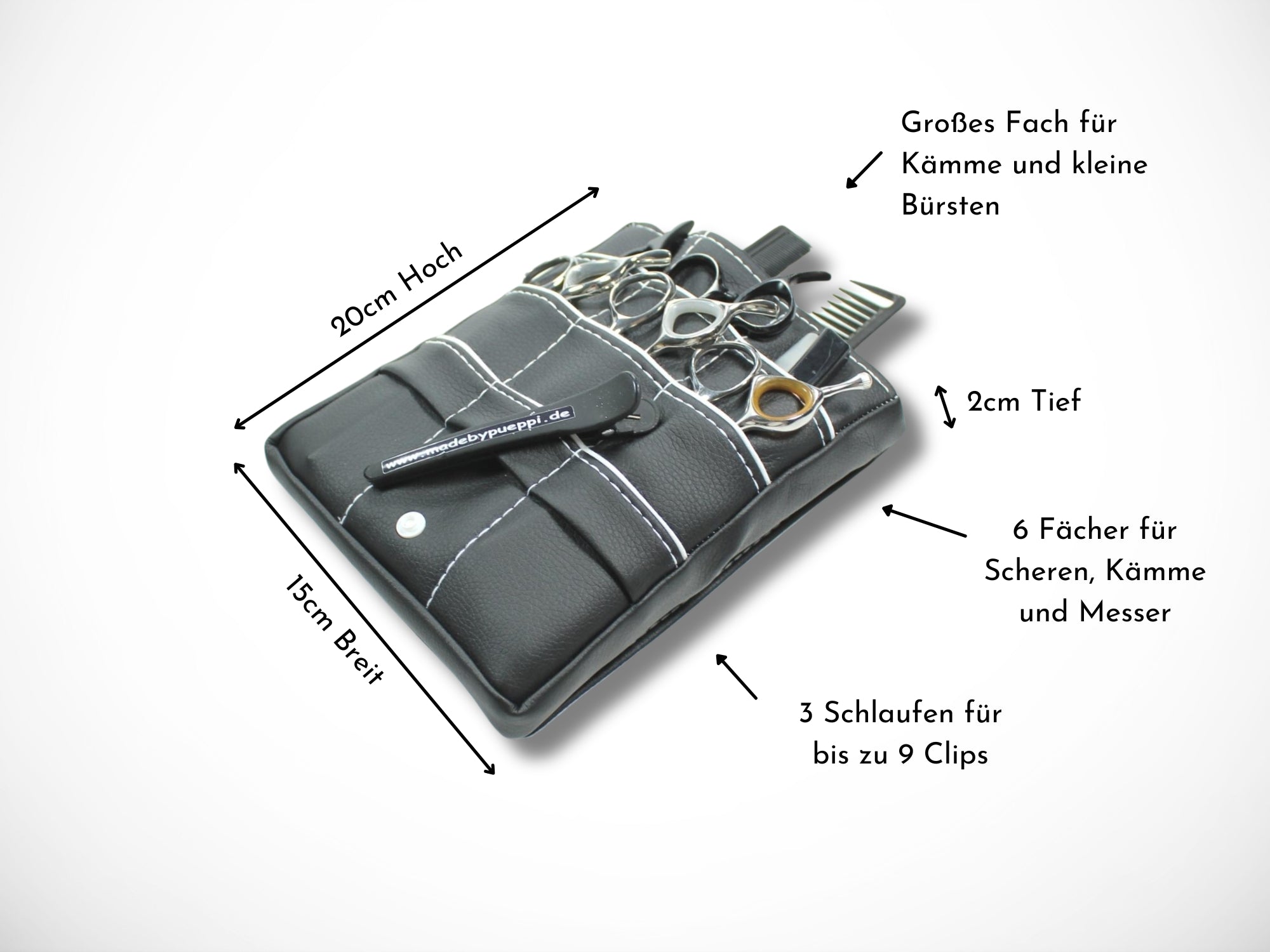 Friseur Scherentasche aus schwarzem Kunstleder mit weißem Highlight Gürteltasche für Friseurscheren