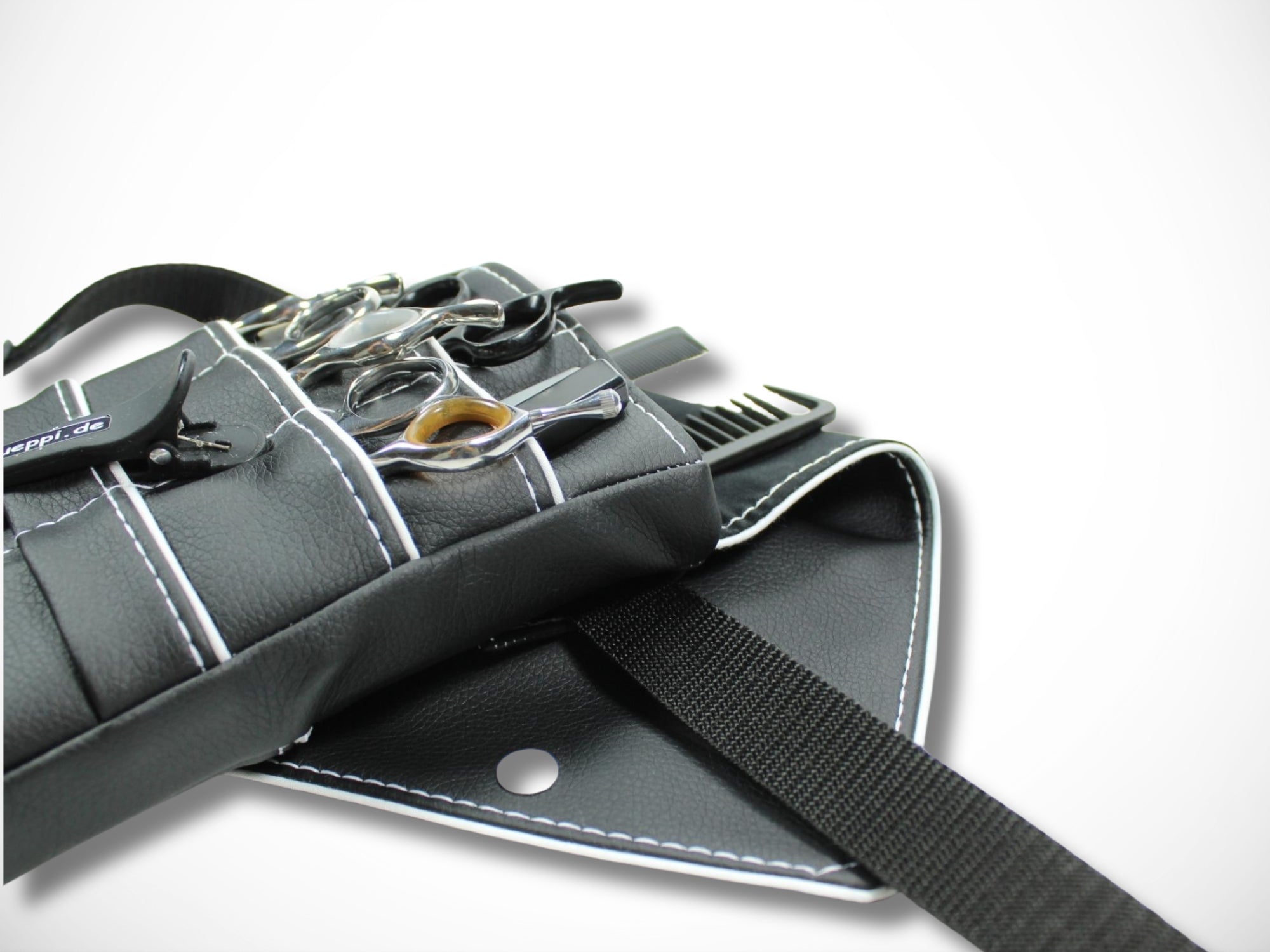 Friseur Scherentasche aus schwarzem Kunstleder mit weißem Highlight Gürteltasche für Friseurscheren