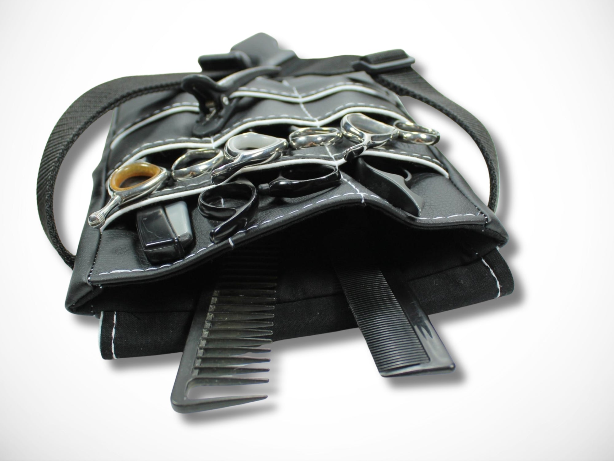 Friseur Scherentasche aus schwarzem Kunstleder mit weißem Highlight Gürteltasche für Friseurscheren