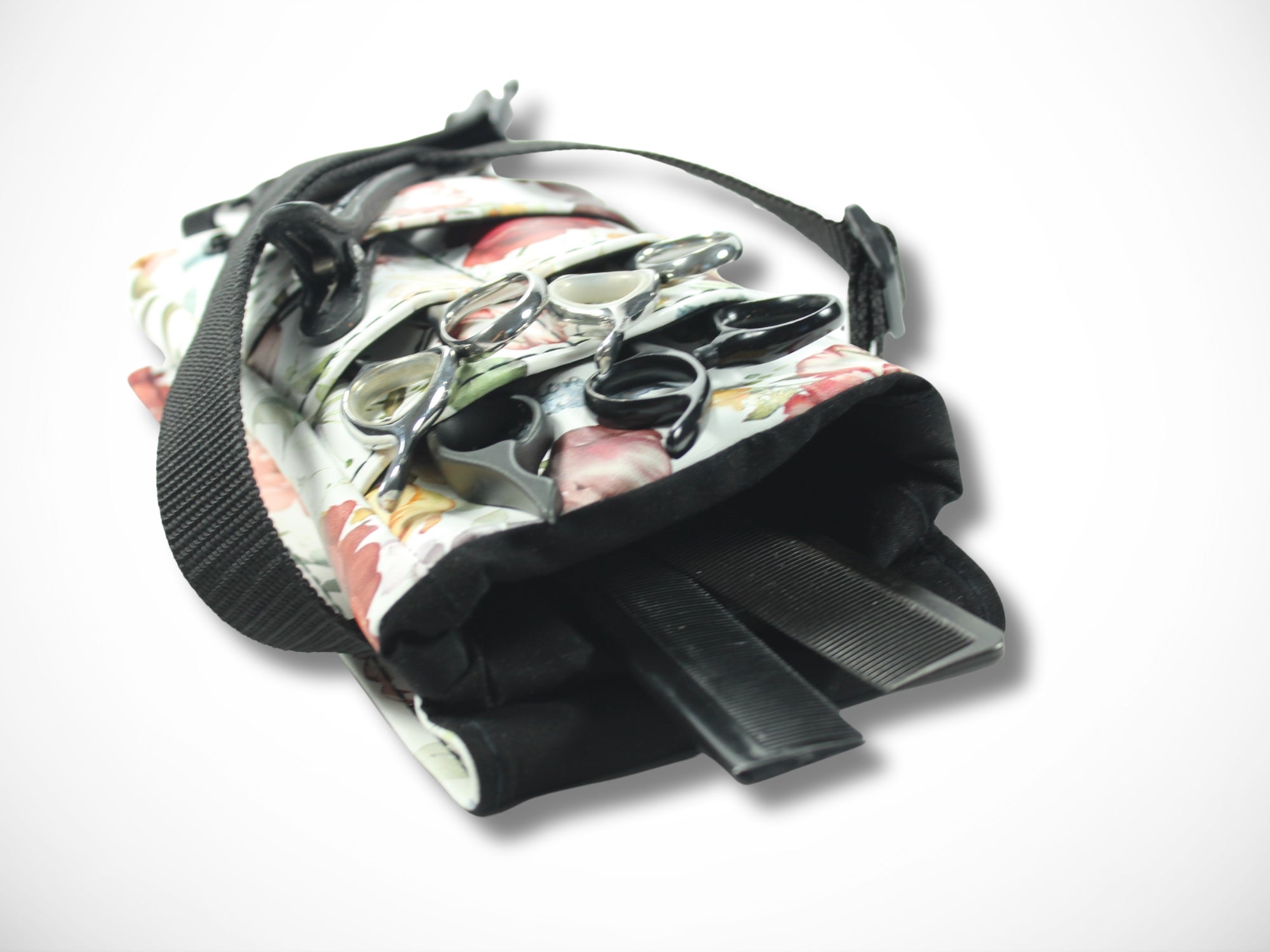 Kleine Friseurtasche aus Kunstleder mit Blumen für Friseurscheren im Friseursalon Werkzeugtasche