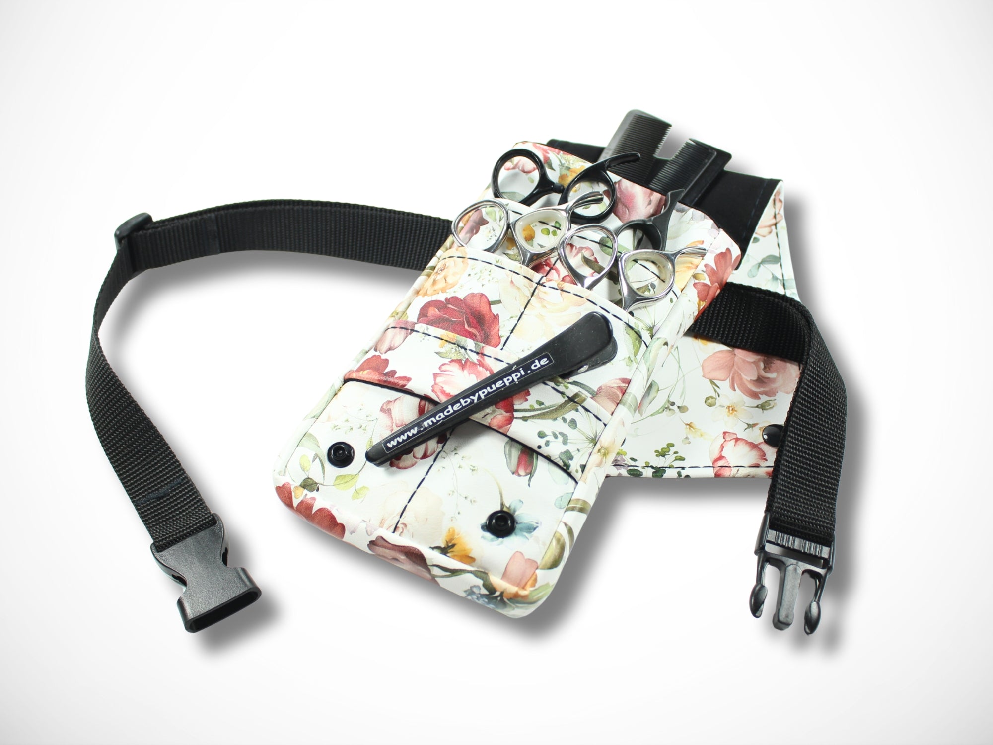 Kleine Friseurtasche aus Kunstleder mit Blumen für Friseurscheren im Friseursalon Werkzeugtasche