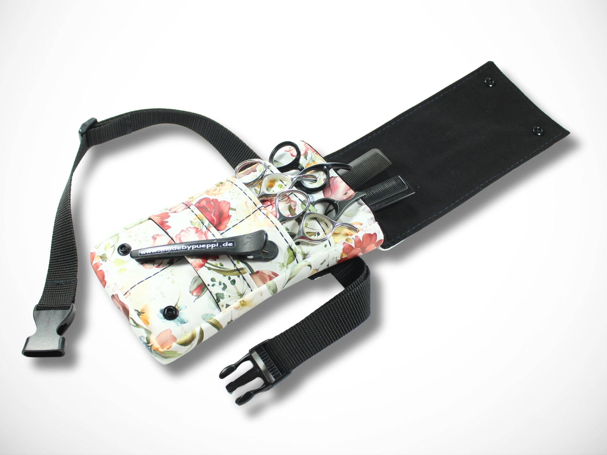 Kleine Friseurtasche aus Kunstleder mit Blumen für Friseurscheren im Friseursalon Werkzeugtasche