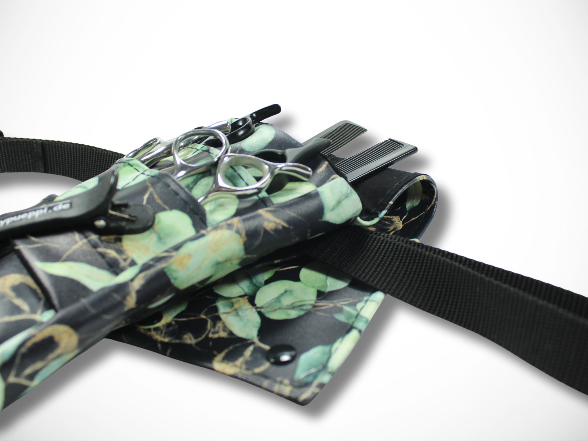 Kleine Friseurtasche aus Kunstleder mit Eukalyptus Druck für Friseurin im Friseursalon