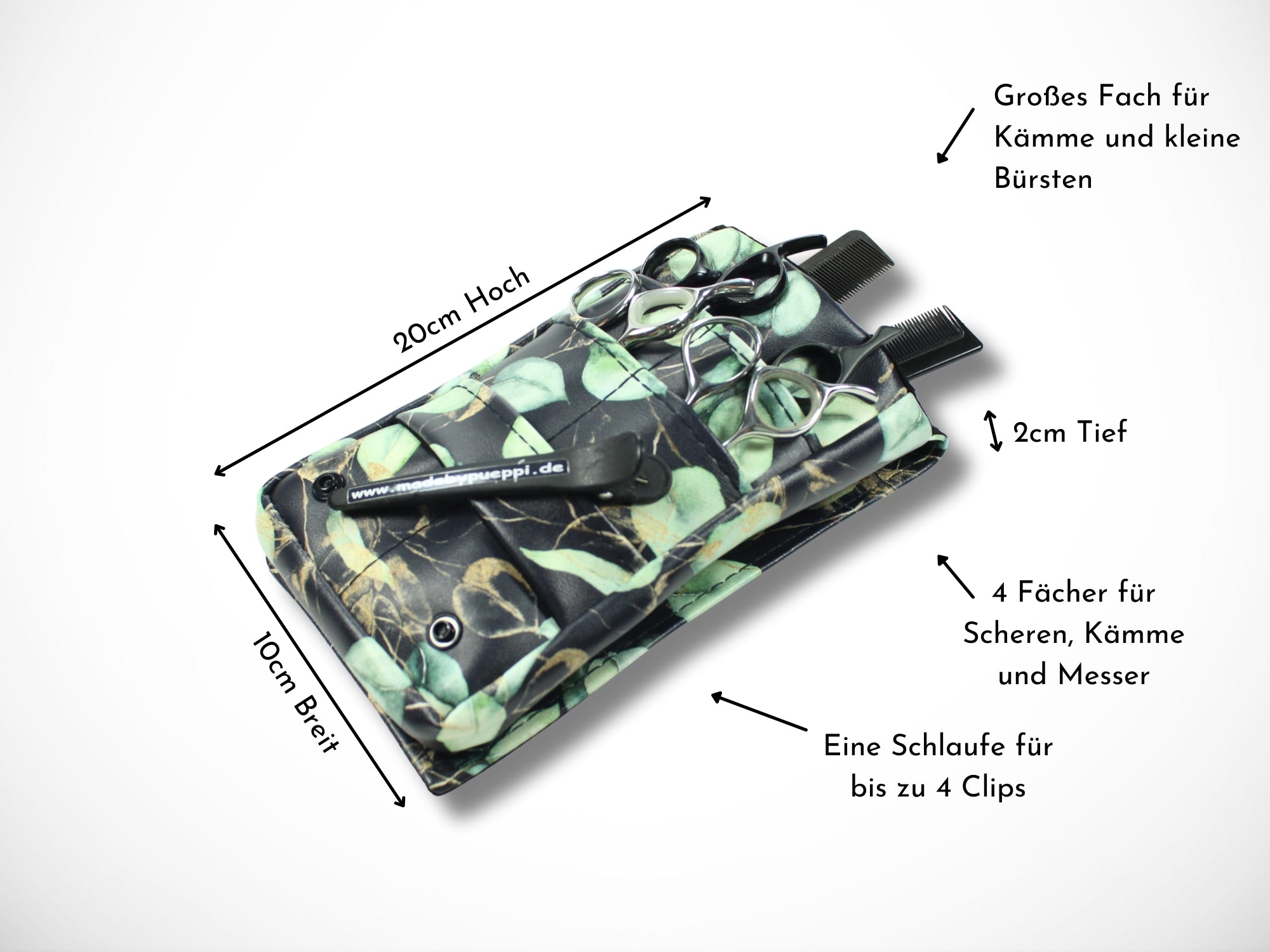 Kleine Friseurtasche aus Kunstleder mit Eukalyptus Druck für Friseurin im Friseursalon