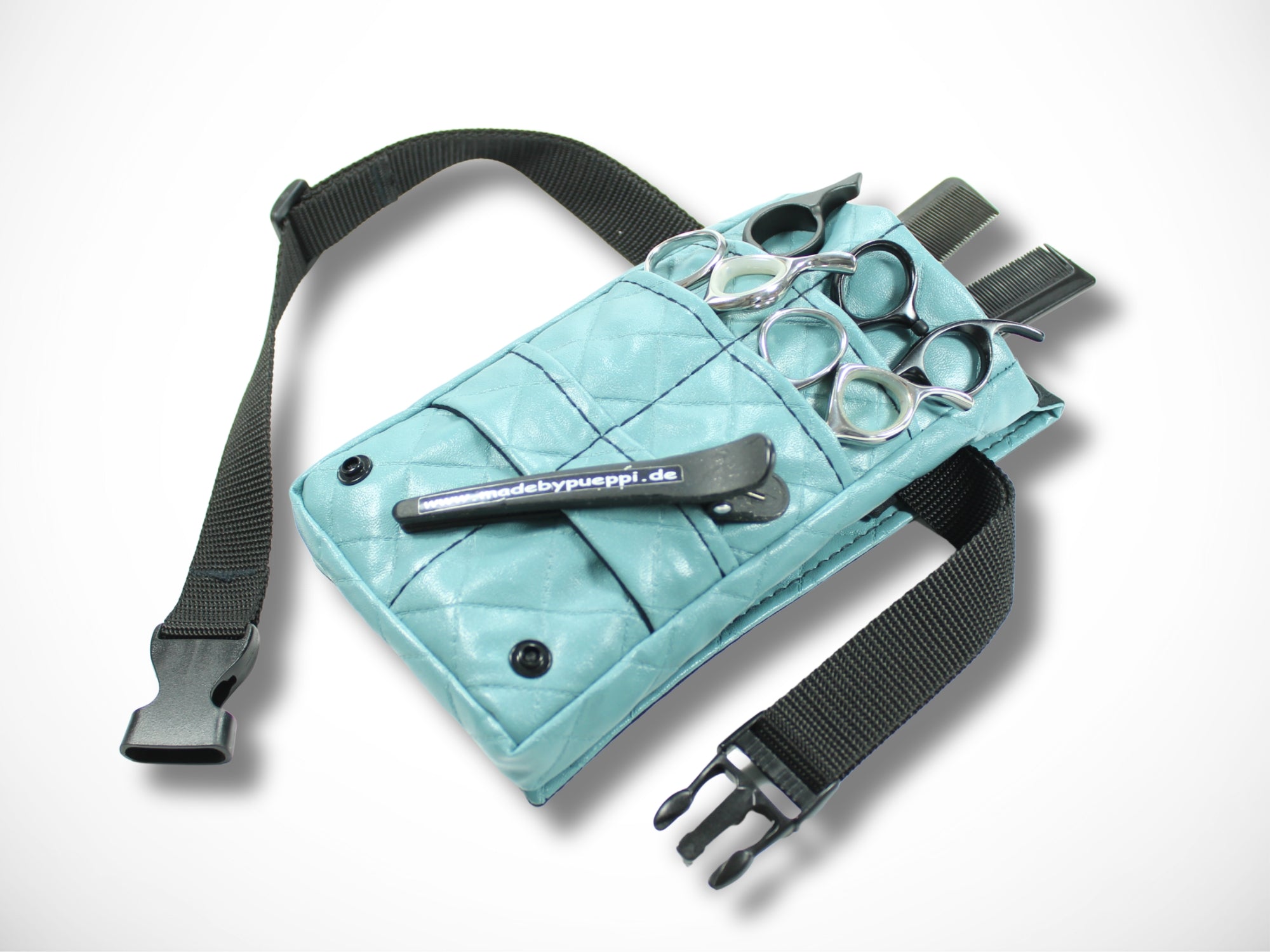 Kleine Friseur Werkzeugtasche aus abgestepptem Kunstleder in blau für Friseurscheren und Friseurwerkzeug im Friseursalon