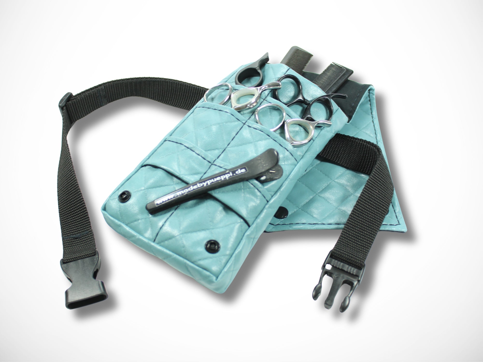 Kleine Friseur Werkzeugtasche aus abgestepptem Kunstleder in blau für Friseurscheren und Friseurwerkzeug im Friseursalon