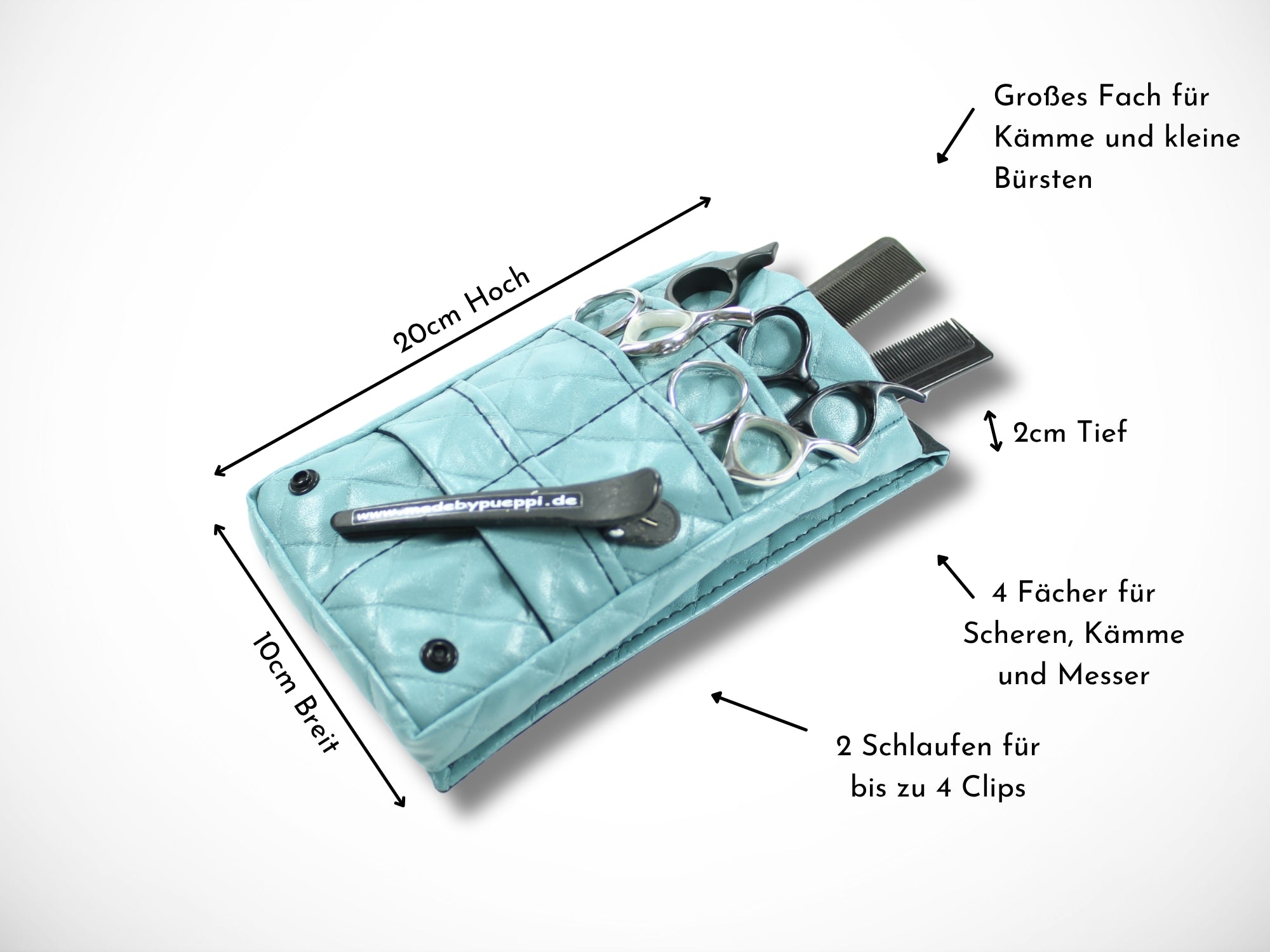 Kleine Friseur Werkzeugtasche aus abgestepptem Kunstleder in blau für Friseurscheren und Friseurwerkzeug im Friseursalon