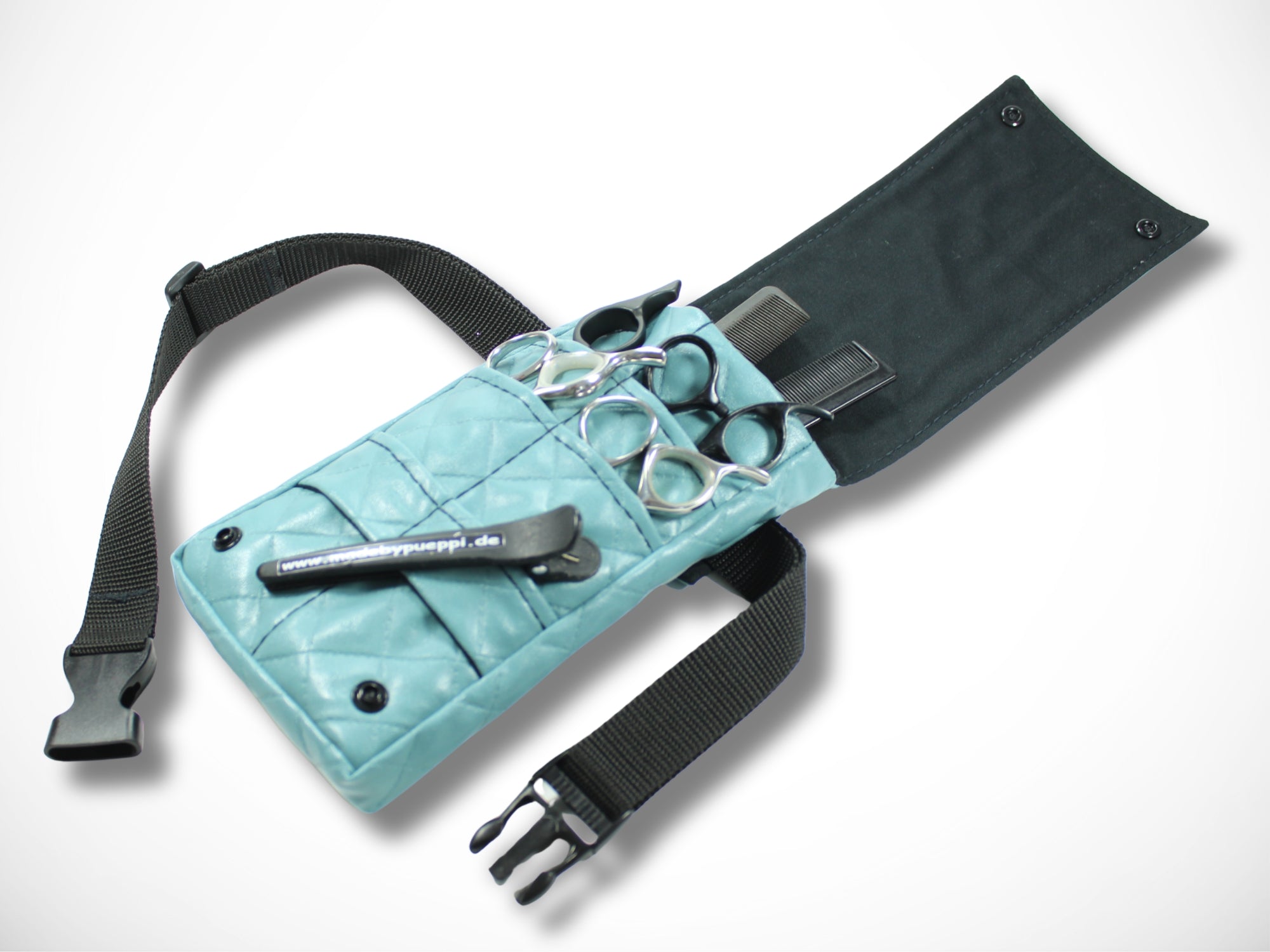 Kleine Friseur Werkzeugtasche aus abgestepptem Kunstleder in blau für Friseurscheren und Friseurwerkzeug im Friseursalon