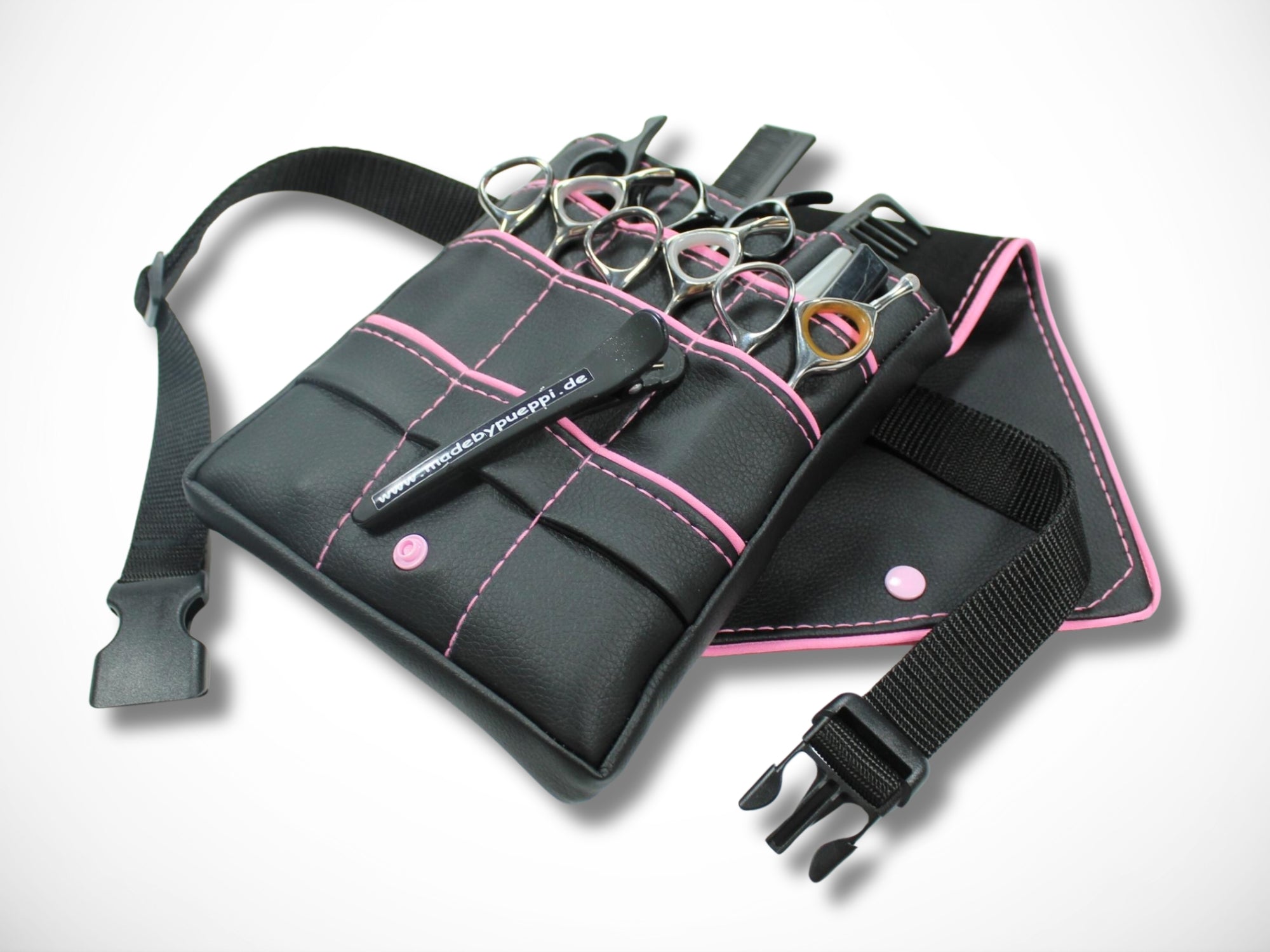 Friseur Scherentasche Kunstleder schwarz rosa Highlight Gürteltasche für Friseurwerkzeug im Friseursalon