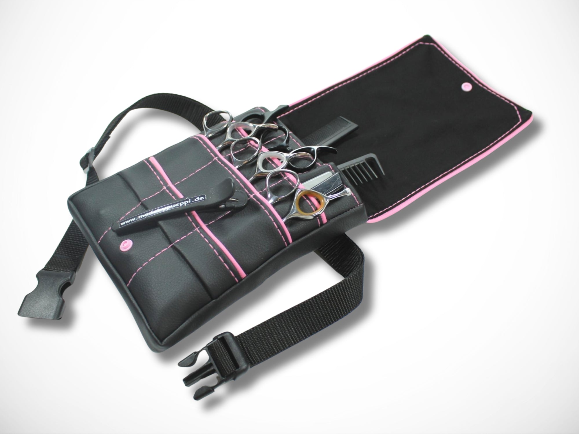 Friseur Scherentasche Kunstleder schwarz rosa Highlight Gürteltasche für Friseurwerkzeug im Friseursalon