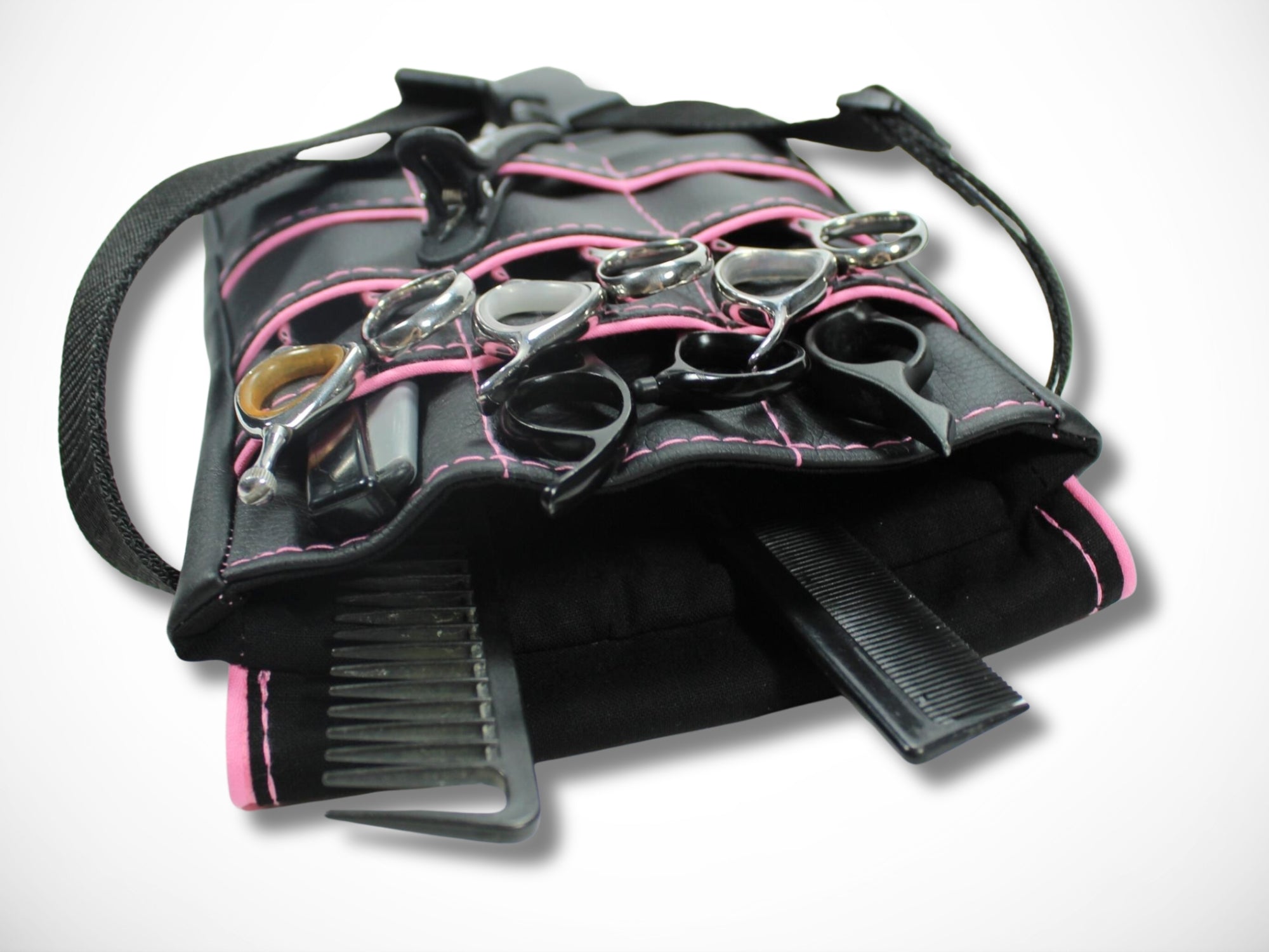 Friseur Scherentasche Kunstleder schwarz rosa Highlight Gürteltasche für Friseurwerkzeug im Friseursalon