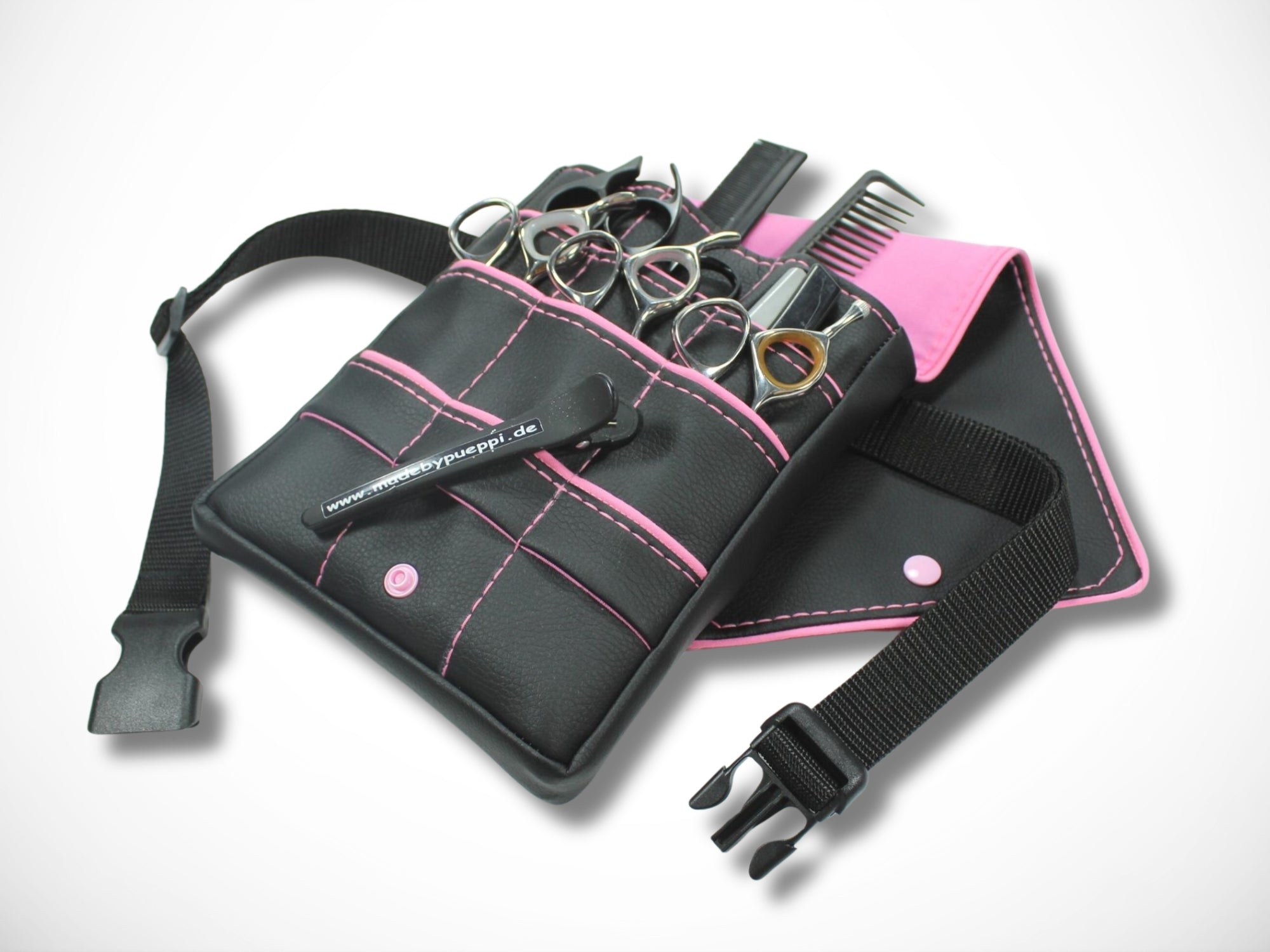 Friseur Scherentasche Kunstleder schwarz rosa Highlight Gürteltasche für Friseurwerkzeug im Friseursalon