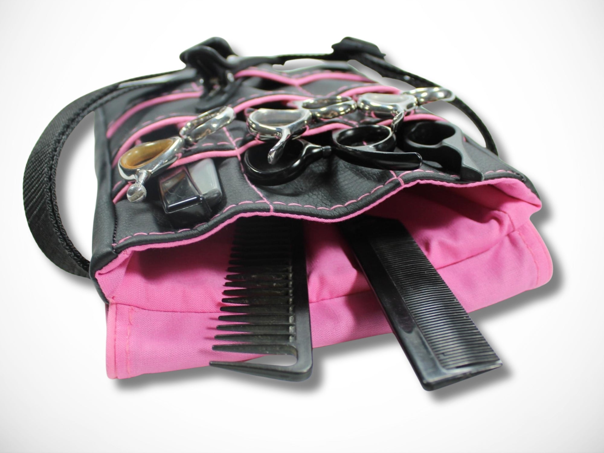 Friseur Scherentasche Kunstleder schwarz rosa Highlight Gürteltasche für Friseurwerkzeug im Friseursalon