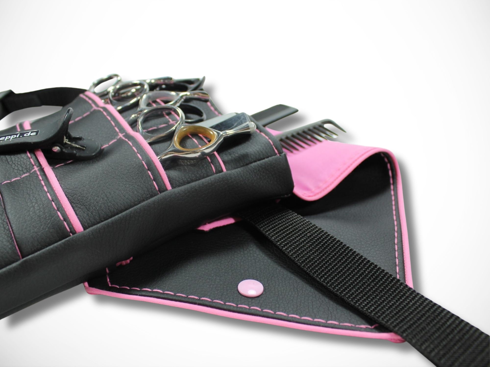 Friseur Scherentasche Kunstleder schwarz rosa Highlight Gürteltasche für Friseurwerkzeug im Friseursalon