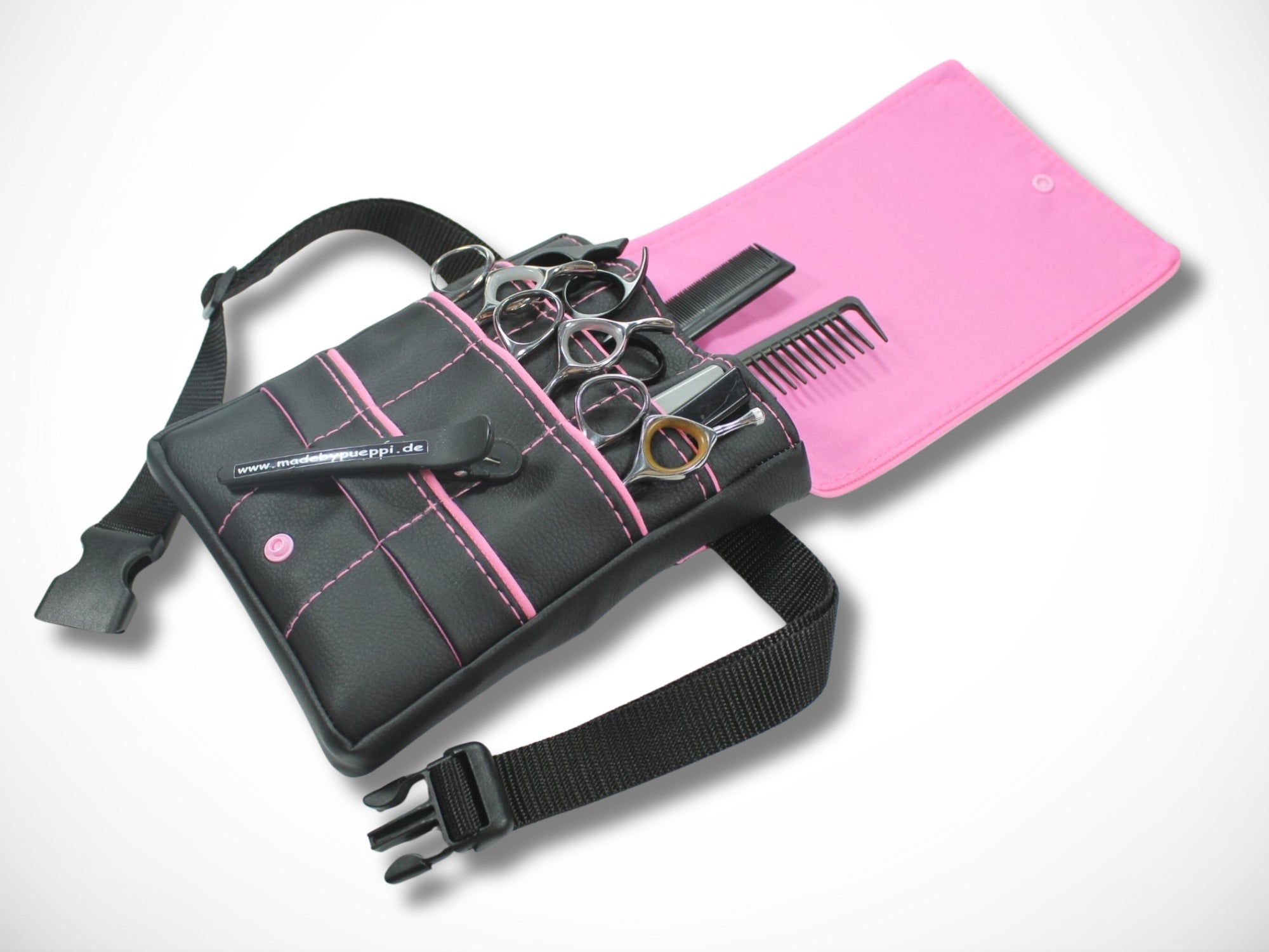 Friseur Scherentasche Kunstleder schwarz rosa Highlight Gürteltasche für Friseurwerkzeug im Friseursalon