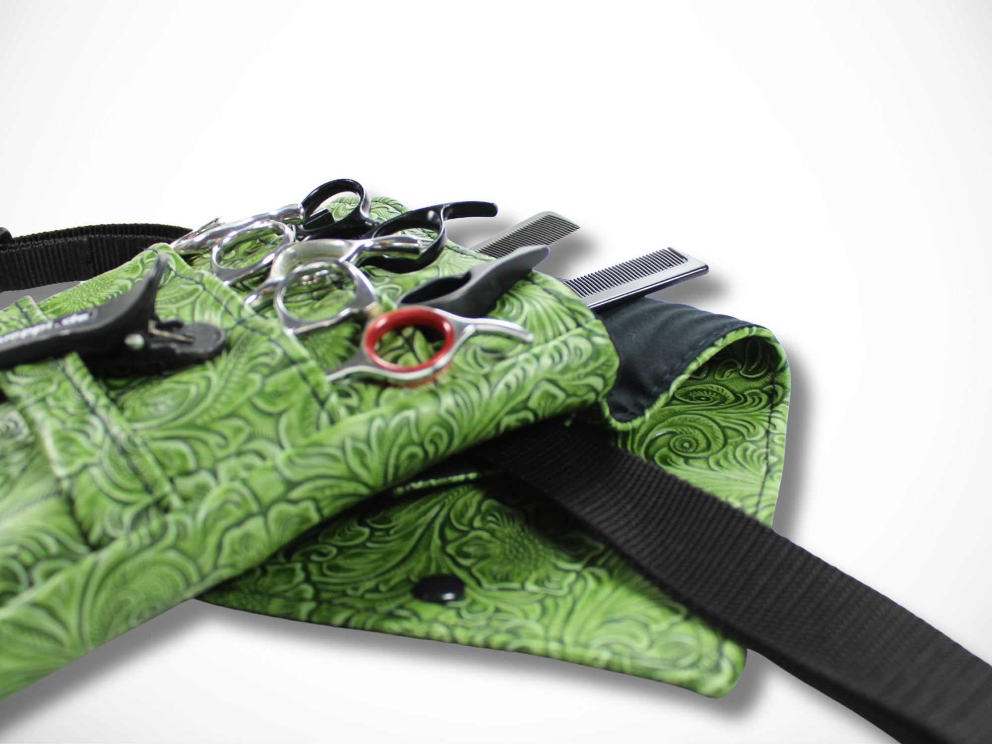 Kunstleder Scherentasche für Friseurin mit geprägten Blumen in grün für Friseurscheren im Friseursalon