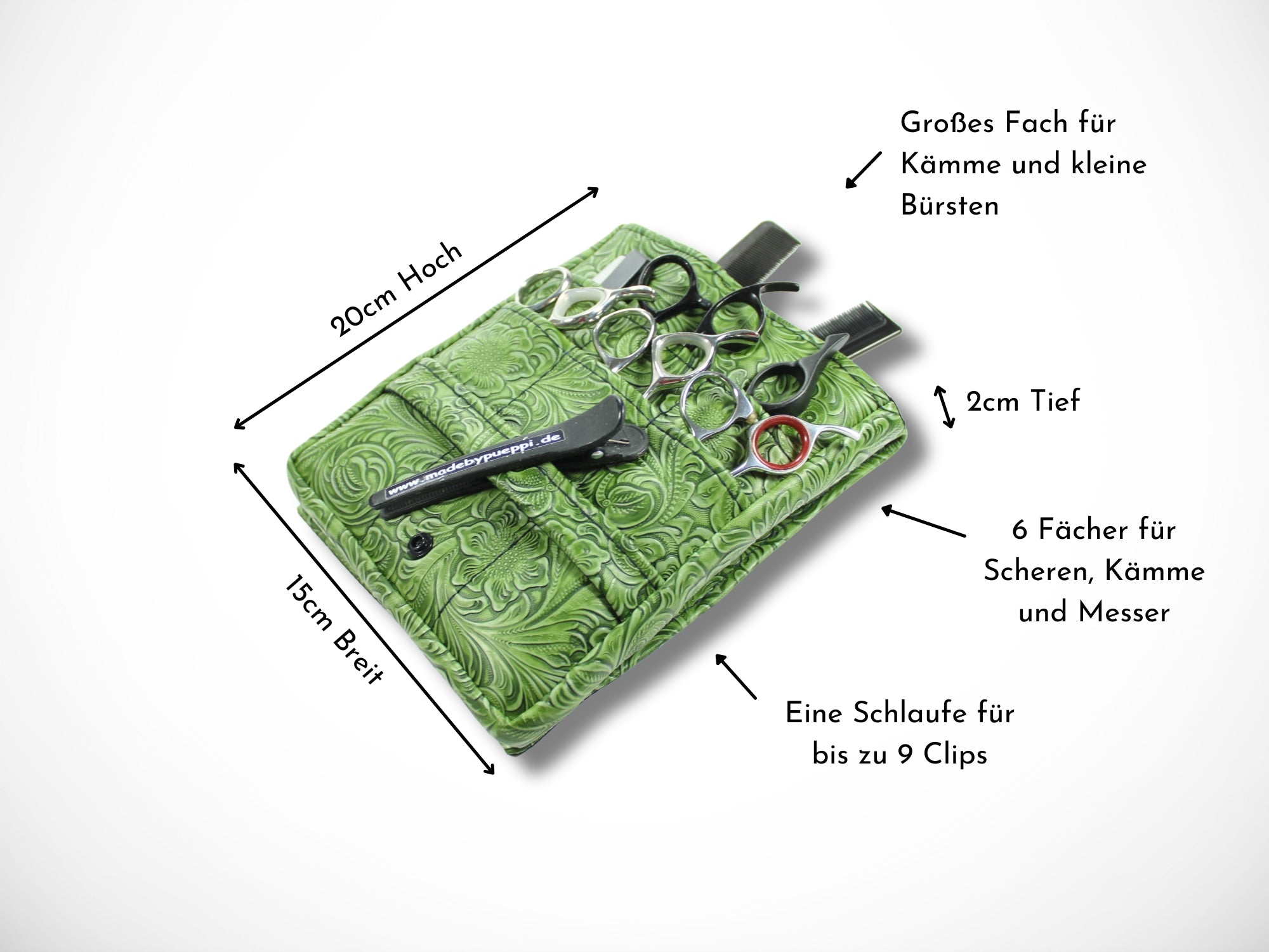 Kunstleder Scherentasche für Friseurin mit geprägten Blumen in grün für Friseurscheren im Friseursalon