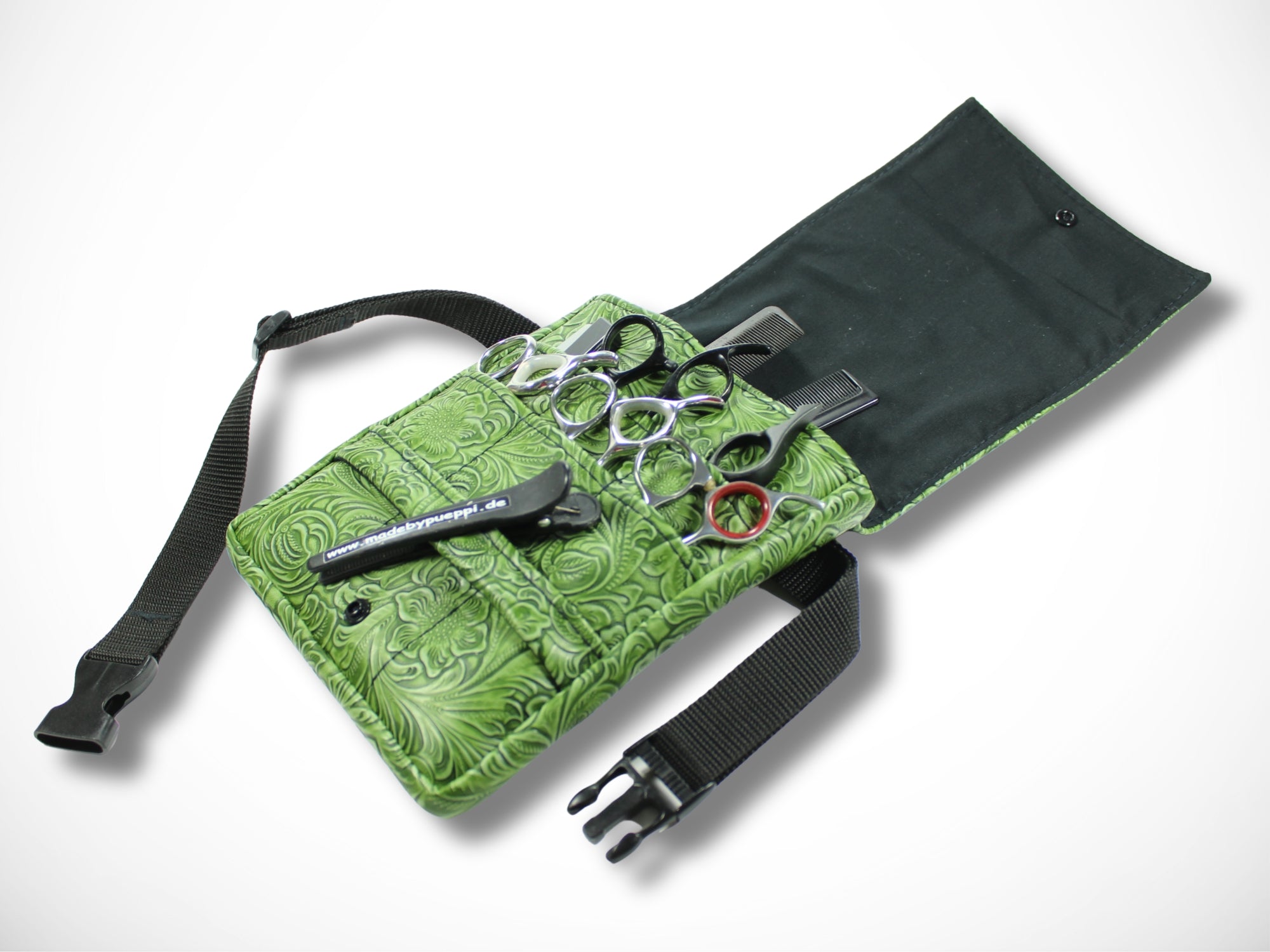 Kunstleder Scherentasche für Friseurin mit geprägten Blumen in grün für Friseurscheren im Friseursalon