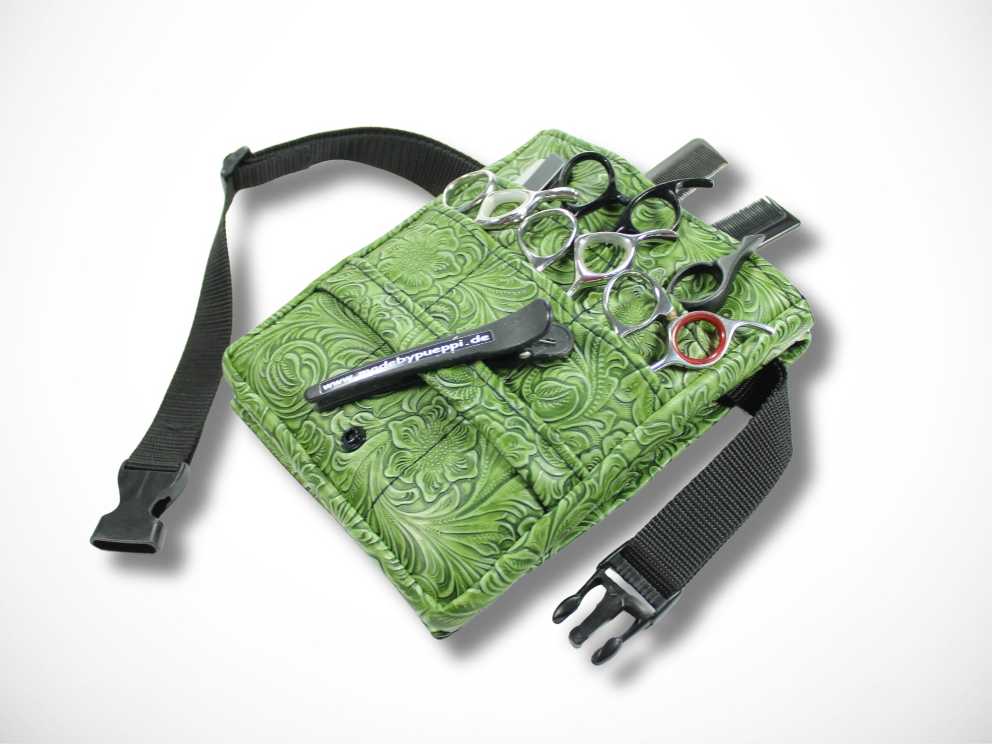 Kunstleder Scherentasche für Friseurin mit geprägten Blumen in grün für Friseurscheren im Friseursalon