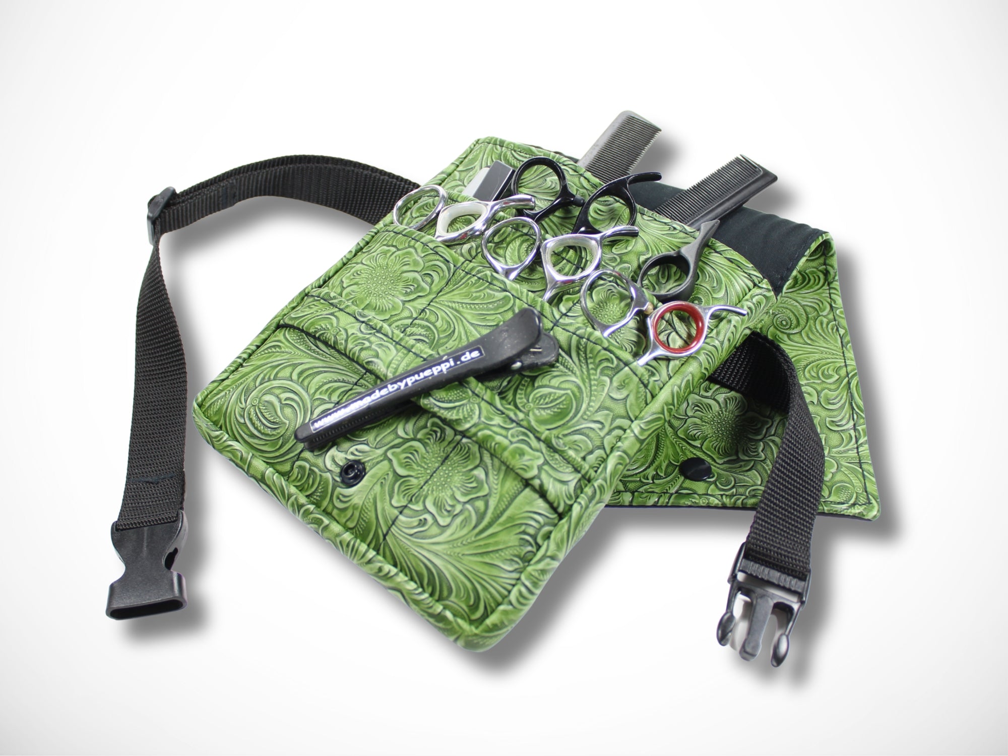 Kunstleder Scherentasche für Friseurin mit geprägten Blumen in grün für Friseurscheren im Friseursalon