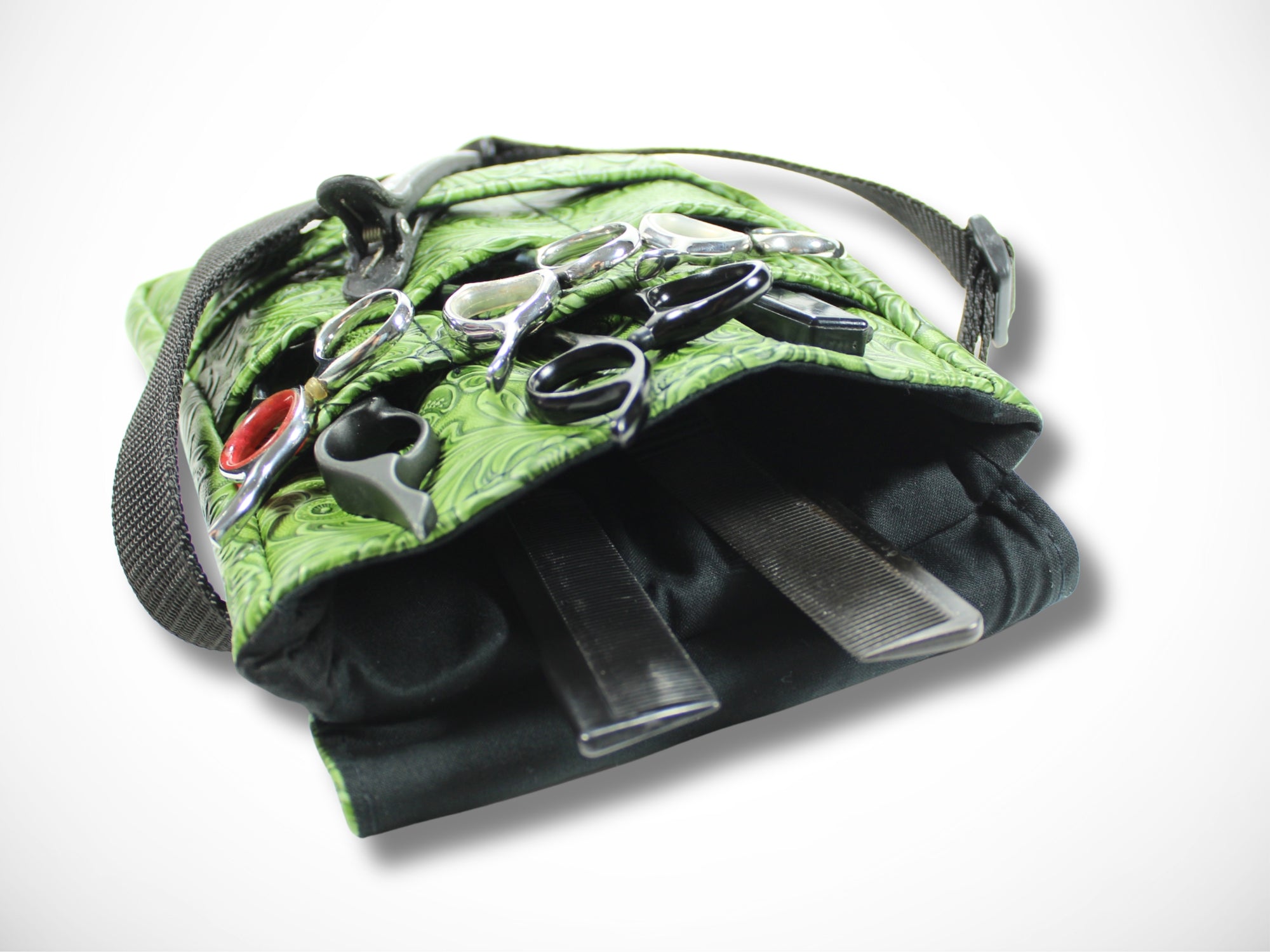 Kunstleder Scherentasche für Friseurin mit geprägten Blumen in grün für Friseurscheren im Friseursalon