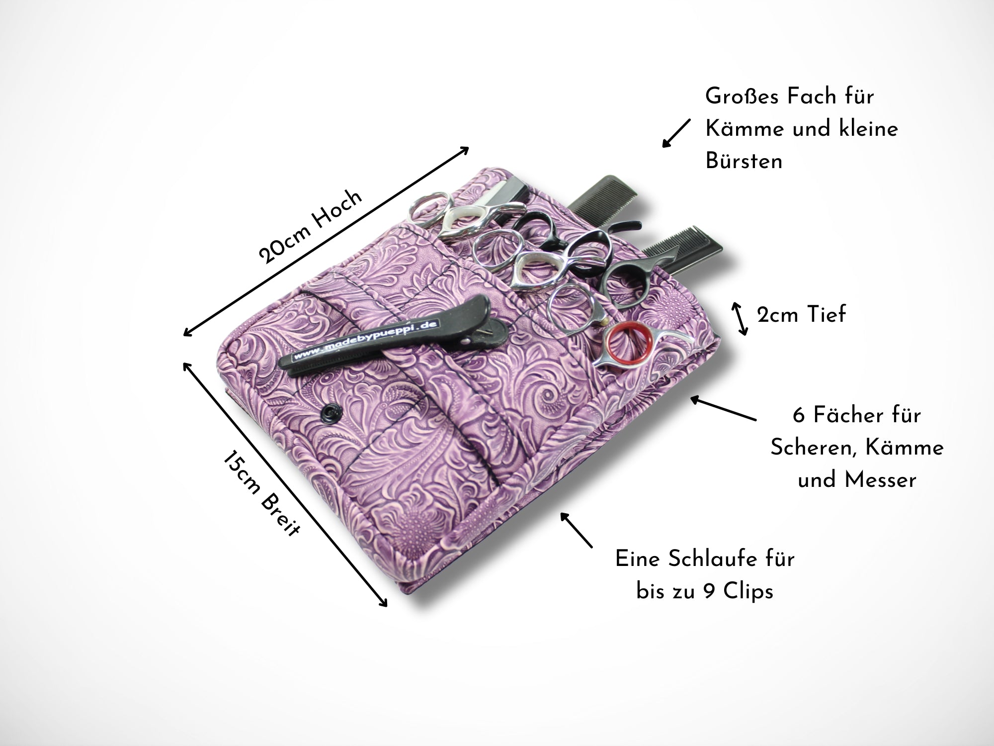 Kunstleder Scherentasche für Friseurin mit geprägten Blumen in grün für Friseurscheren im Friseursalon