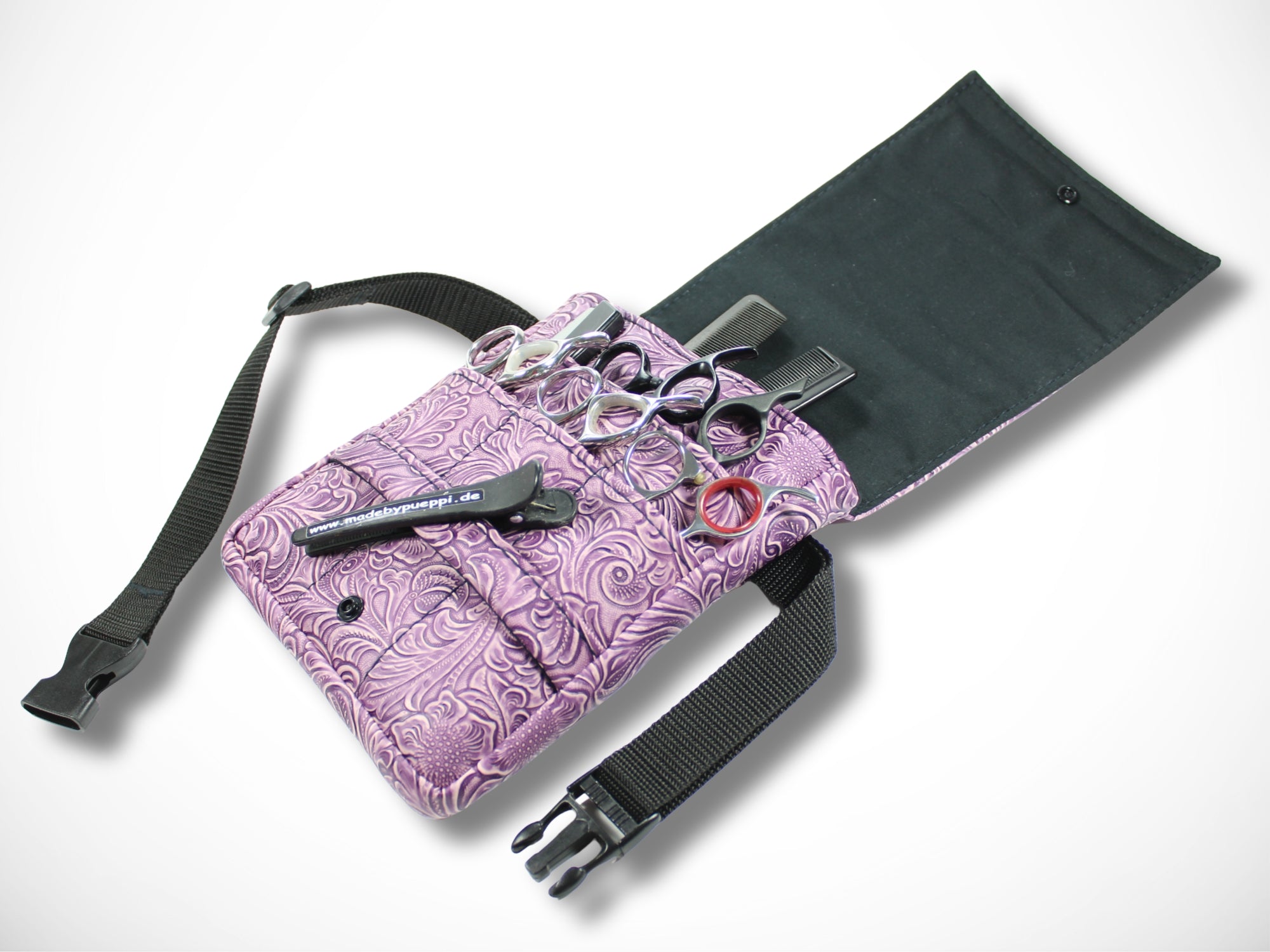 Kunstleder Scherentasche für Friseurin mit geprägten Blumen in grün für Friseurscheren im Friseursalon