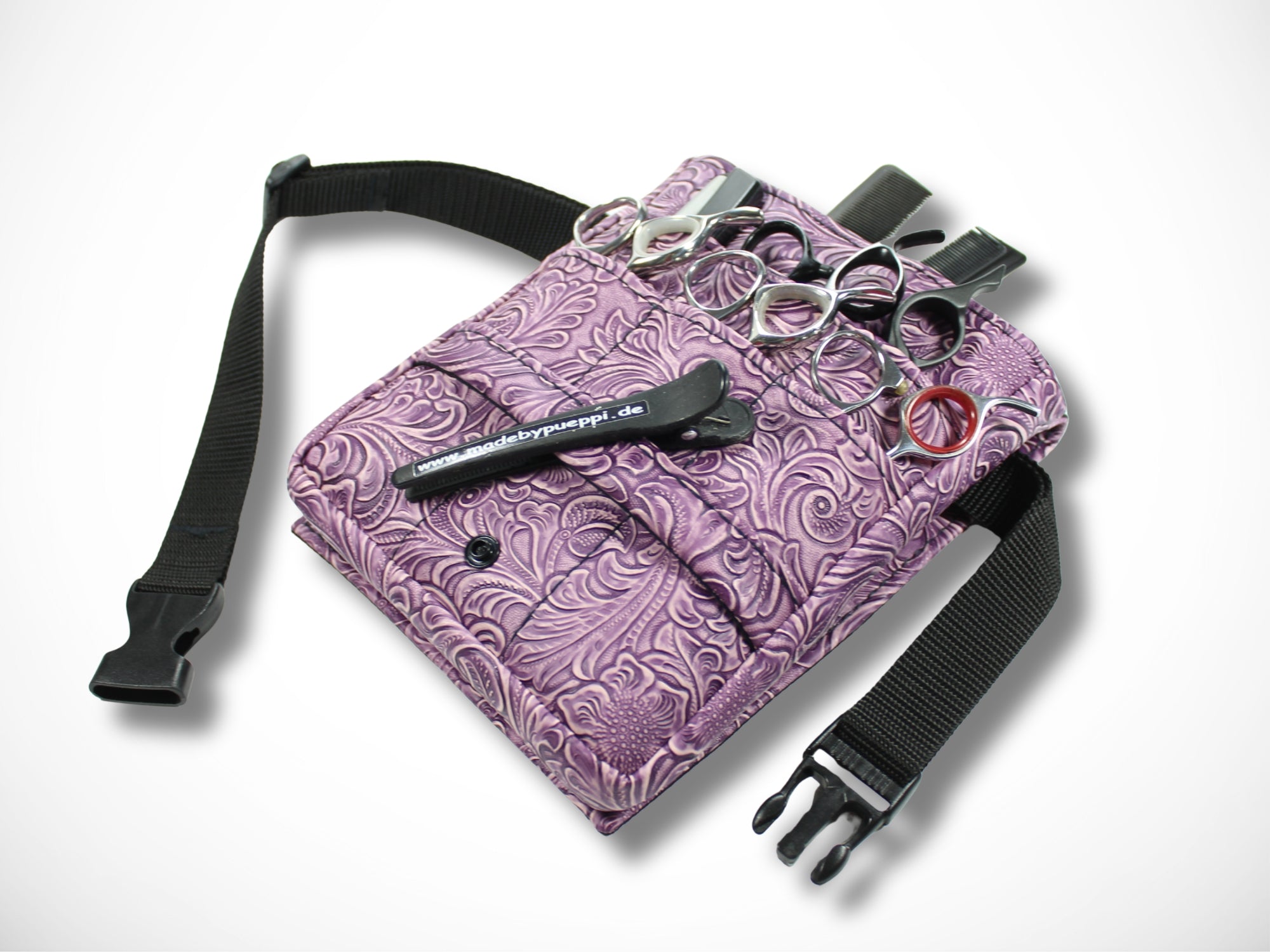 Kunstleder Scherentasche für Friseurin mit geprägten Blumen in grün für Friseurscheren im Friseursalon