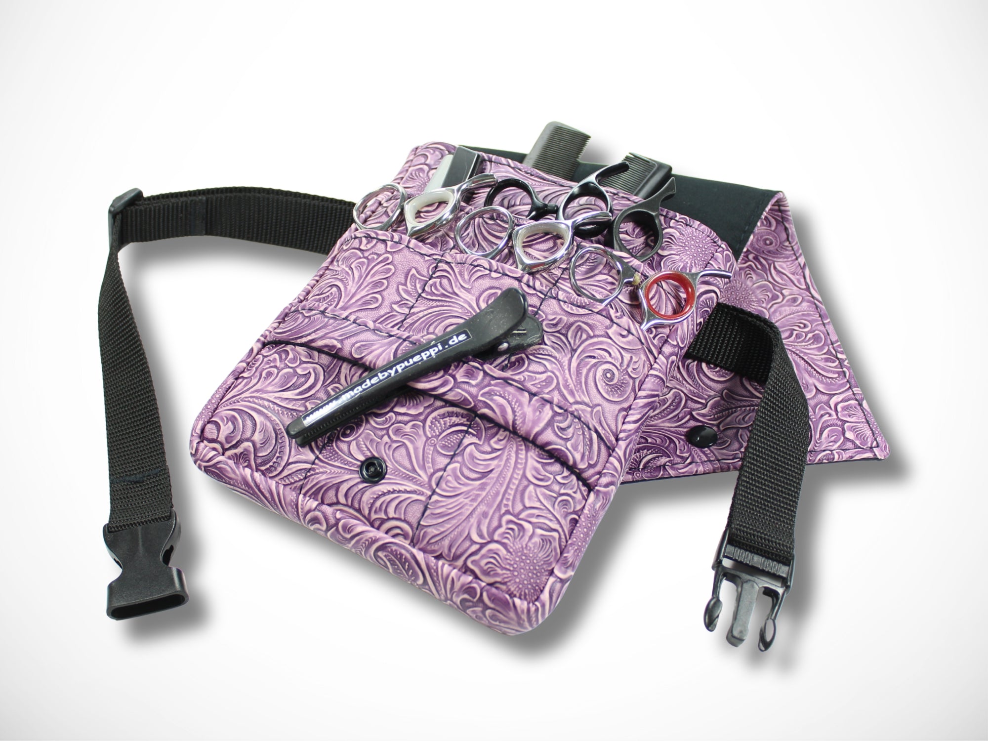 Kunstleder Scherentasche für Friseurin mit geprägten Blumen in grün für Friseurscheren im Friseursalon