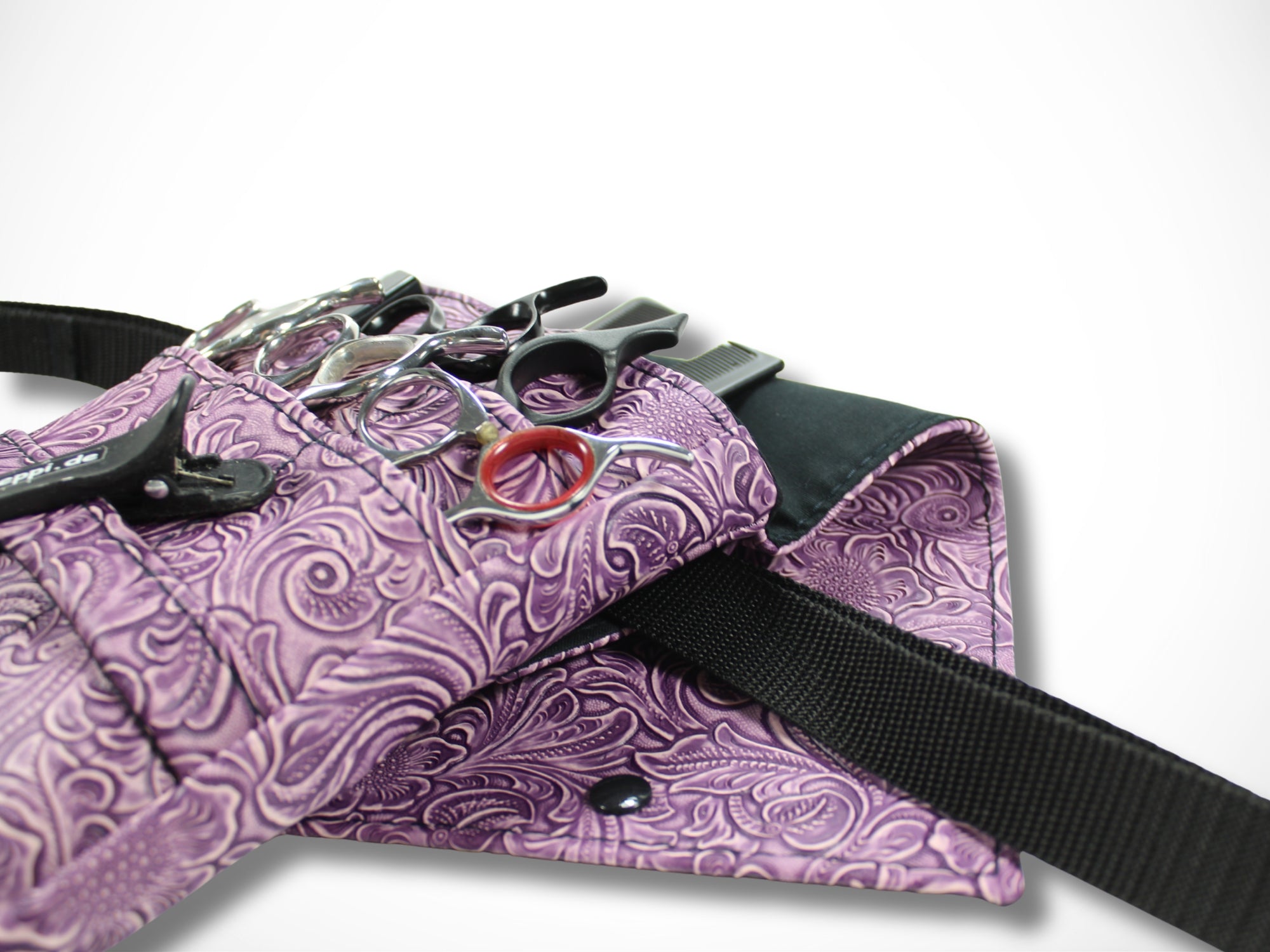 Kunstleder Scherentasche für Friseurin mit geprägten Blumen in grün für Friseurscheren im Friseursalon