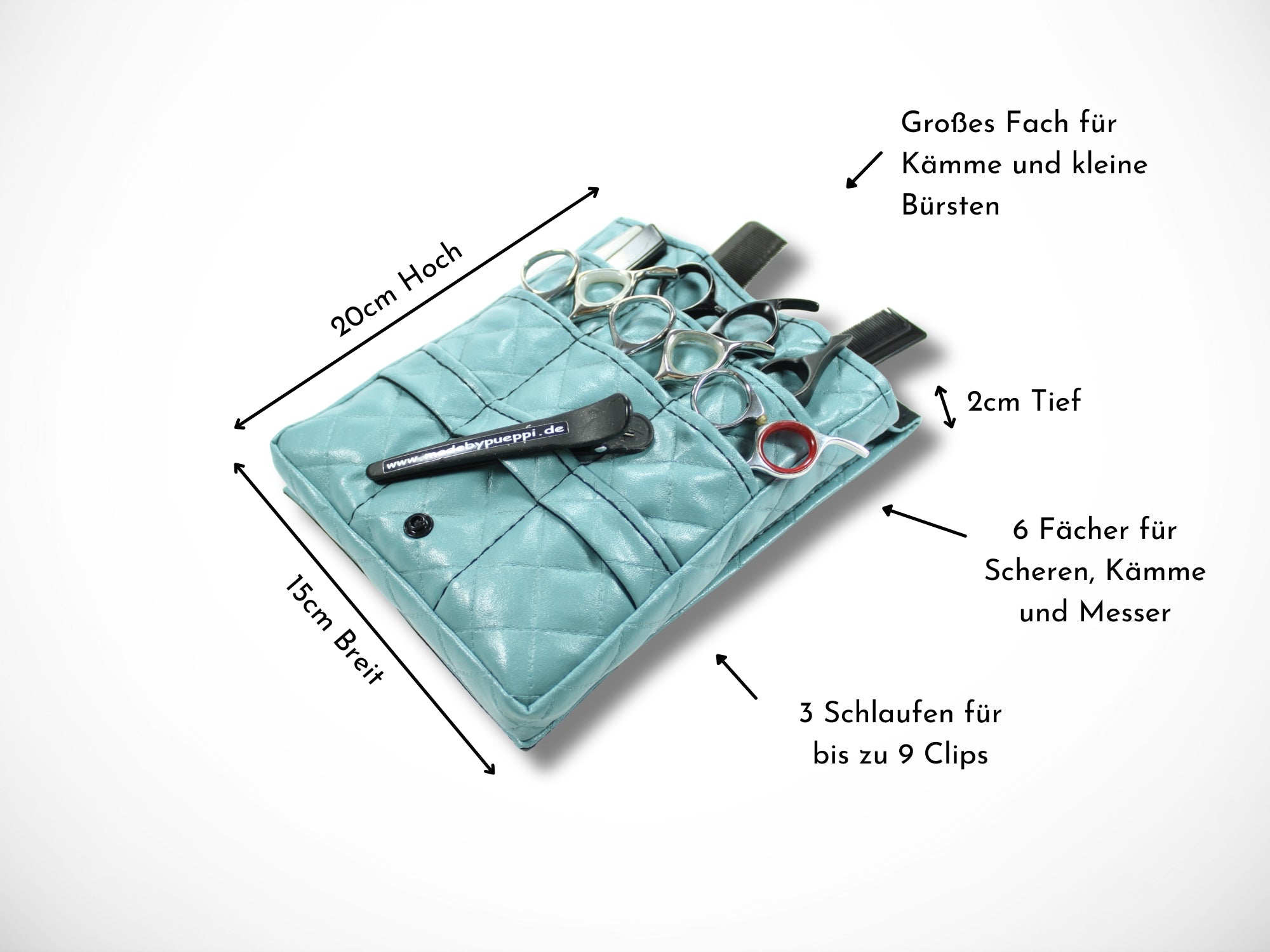 Blaue Friseur Werkzeugtasche aus gesteppten Kunstleder für Friseurscheren Friseurgürtel im Friseursalon