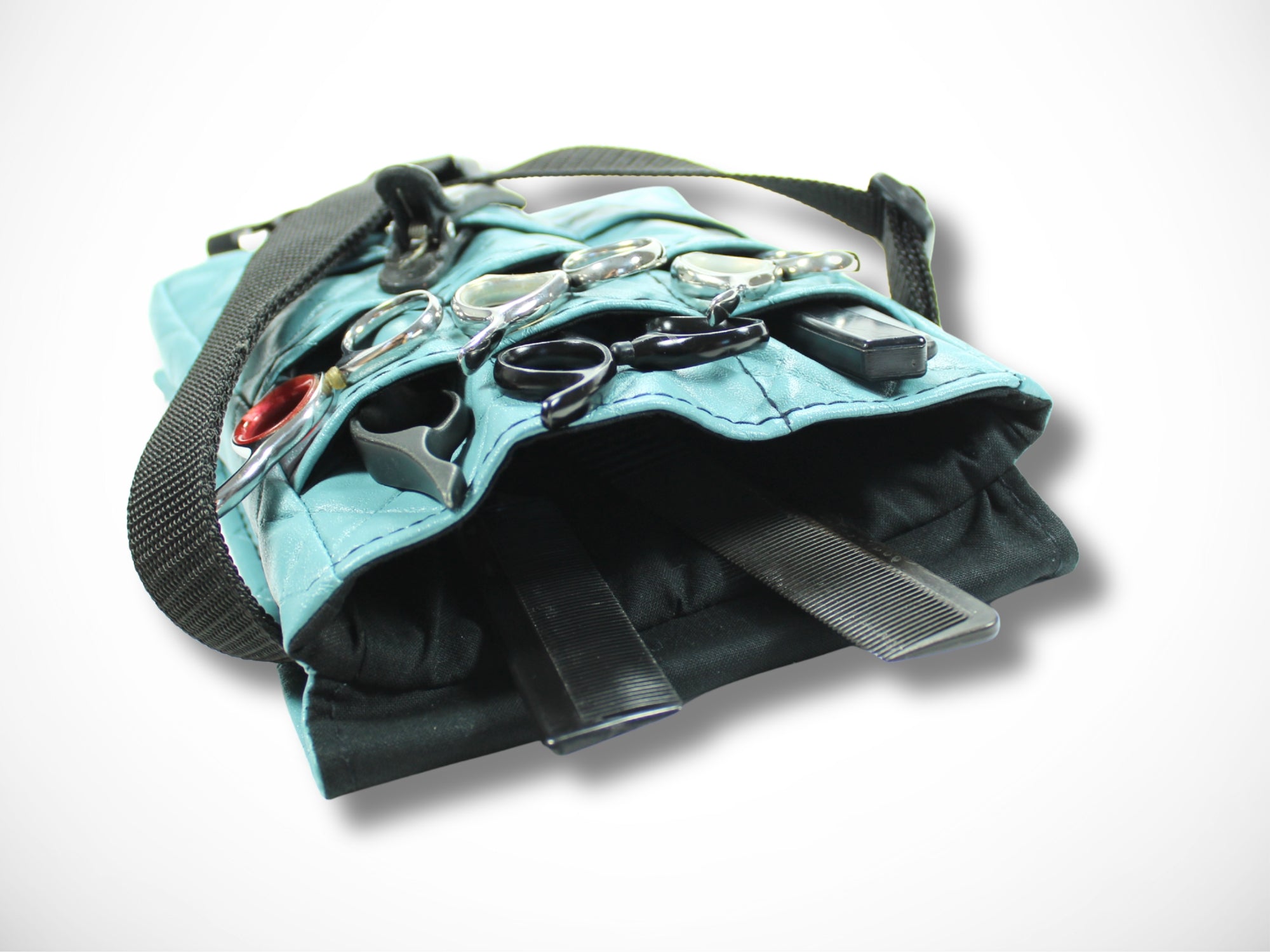 Blaue Friseur Werkzeugtasche aus gesteppten Kunstleder für Friseurscheren Friseurgürtel im Friseursalon