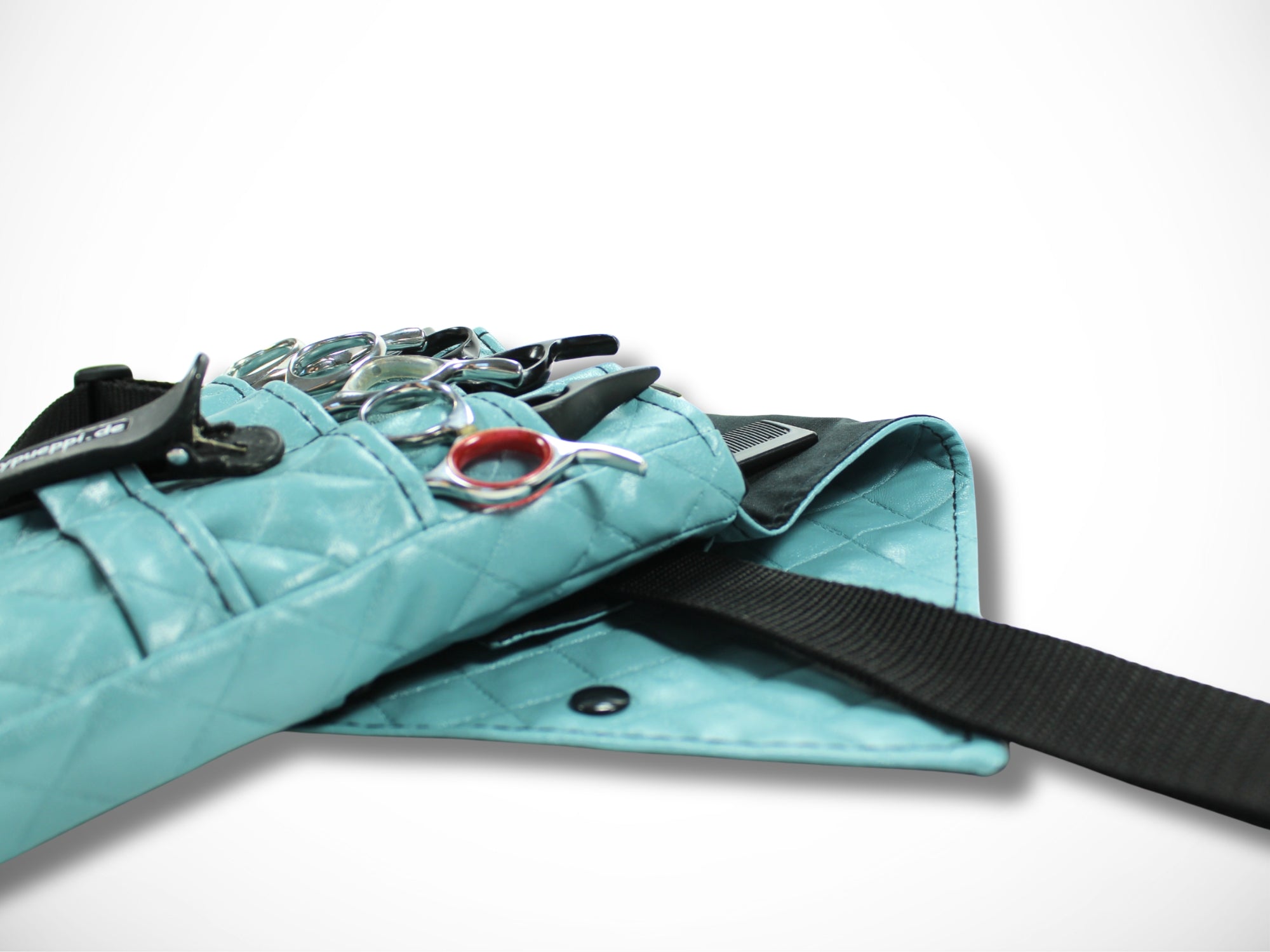 Blaue Friseur Werkzeugtasche aus gesteppten Kunstleder für Friseurscheren Friseurgürtel im Friseursalon