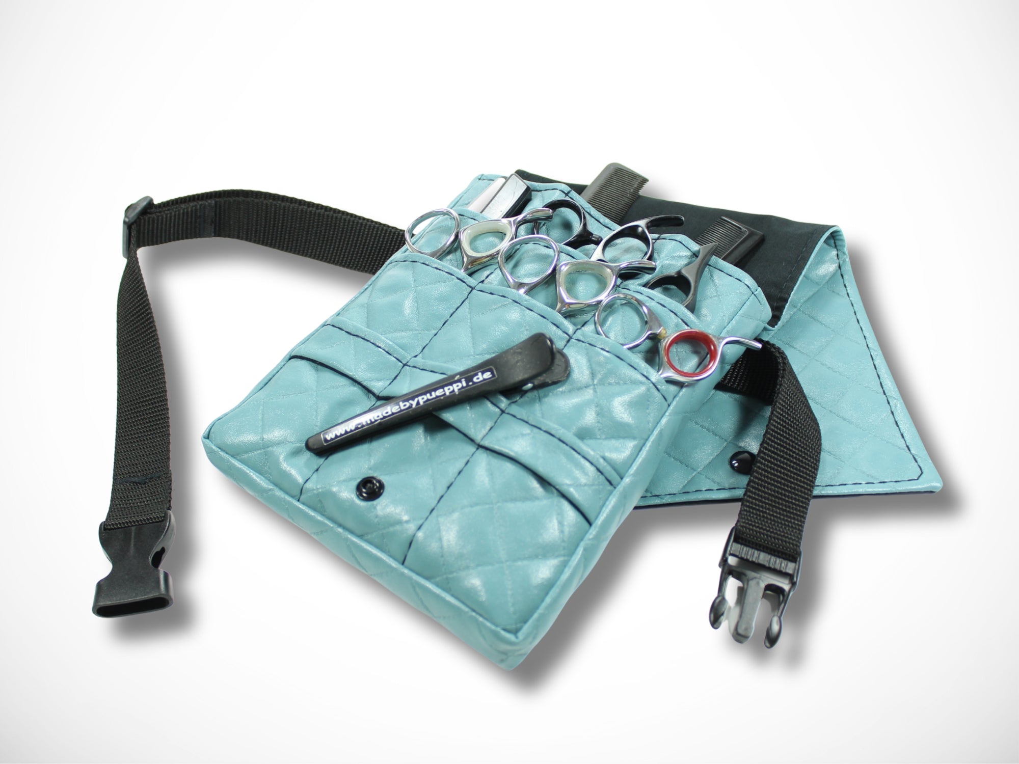 Blaue Friseur Werkzeugtasche aus gesteppten Kunstleder für Friseurscheren Friseurgürtel im Friseursalon