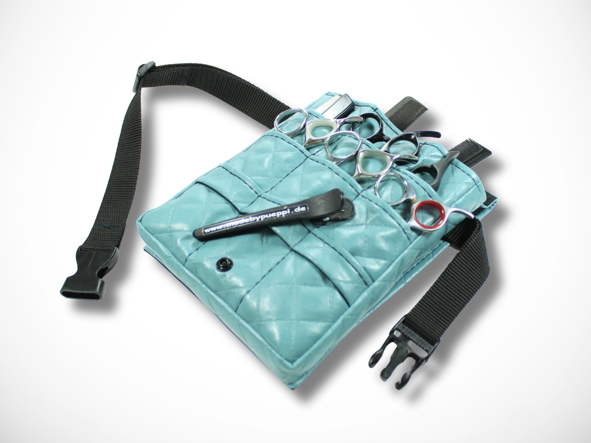 Blaue Friseur Werkzeugtasche aus gesteppten Kunstleder für Friseurscheren Friseurgürtel im Friseursalon