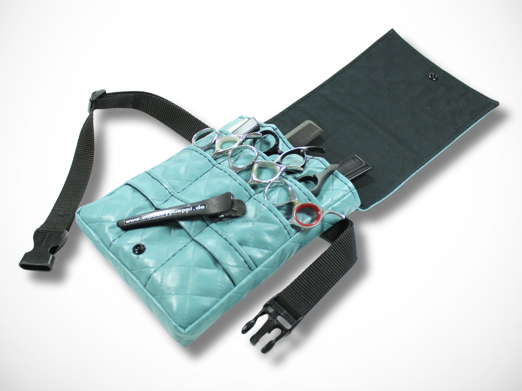 Blaue Friseur Werkzeugtasche aus gesteppten Kunstleder für Friseurscheren Friseurgürtel im Friseursalon